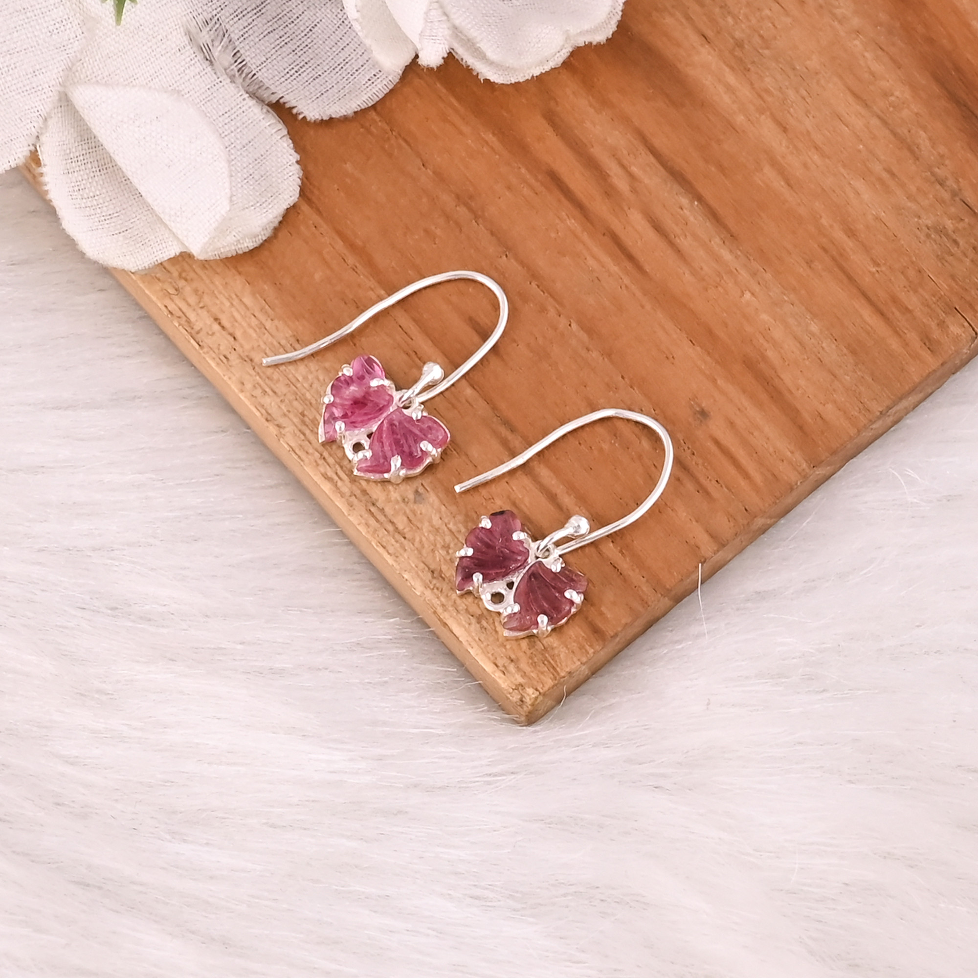 Natural Bio Tourmaline Gemstone Butterfly Earring Women Earrings Carving Gemstone Earring Drop Earrings
