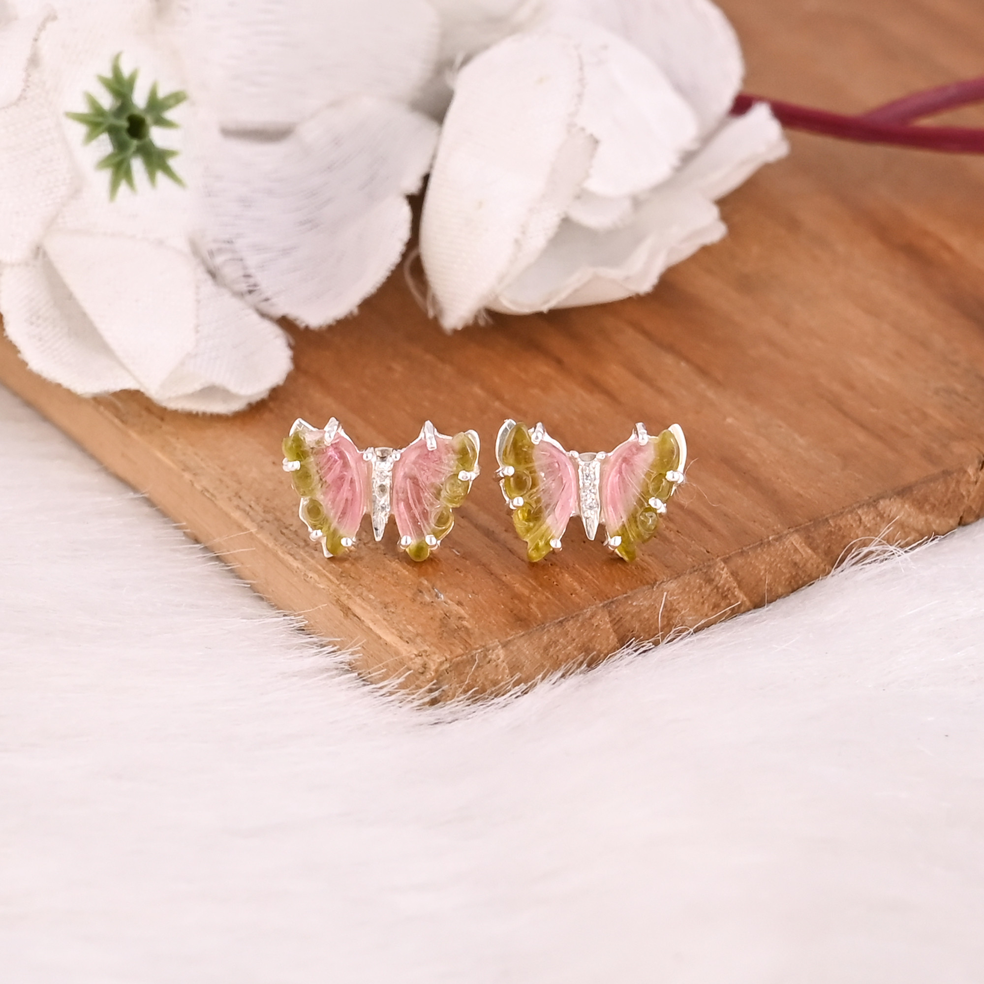 Natural Bio Tourmaline Gemstone Butterfly Earring Women Earrings Carving Gemstone Earring Stud Earrings Unique Gift