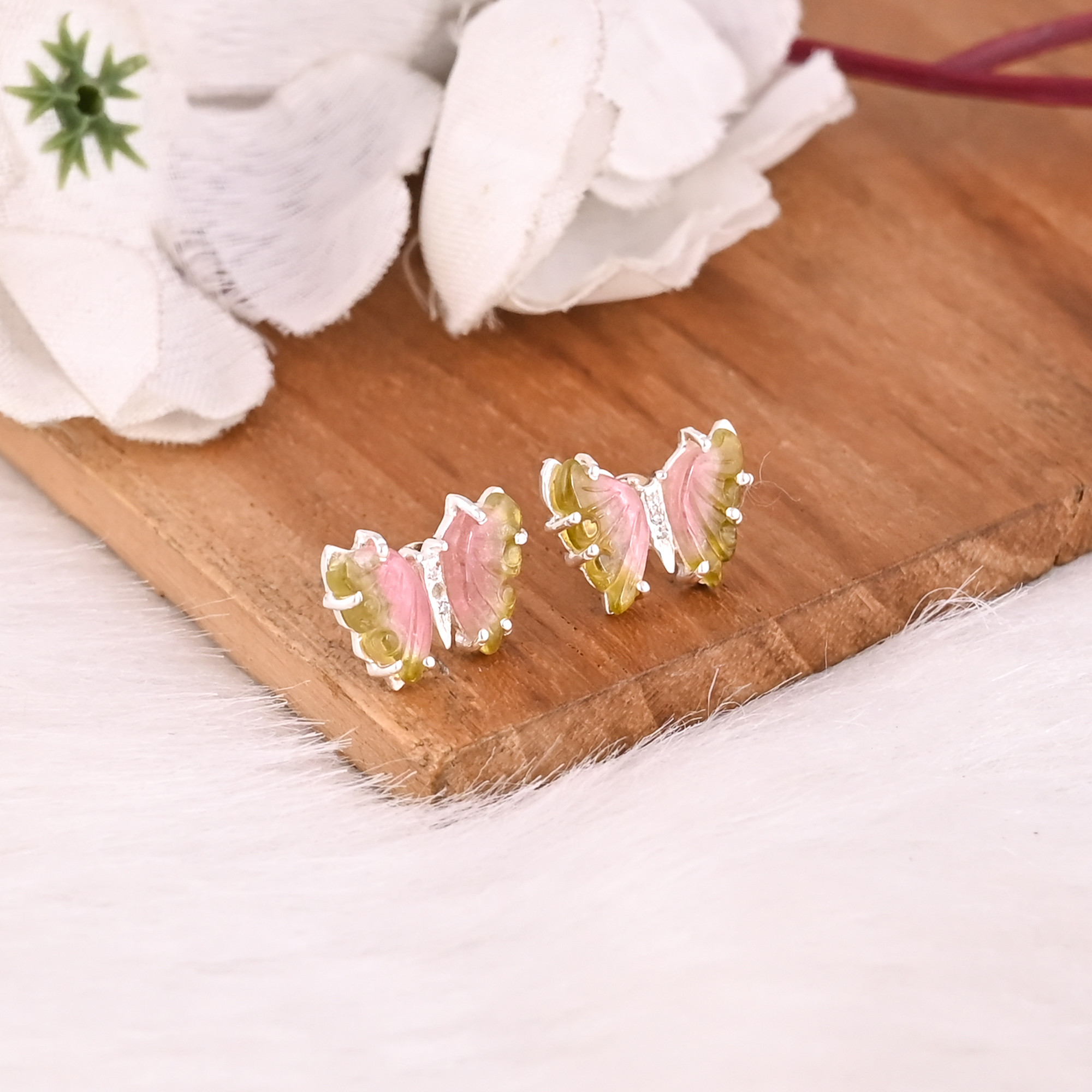 Natural Bio Tourmaline Gemstone Butterfly Earring Women Earrings Carving Gemstone Earring Stud Earrings Unique Gift