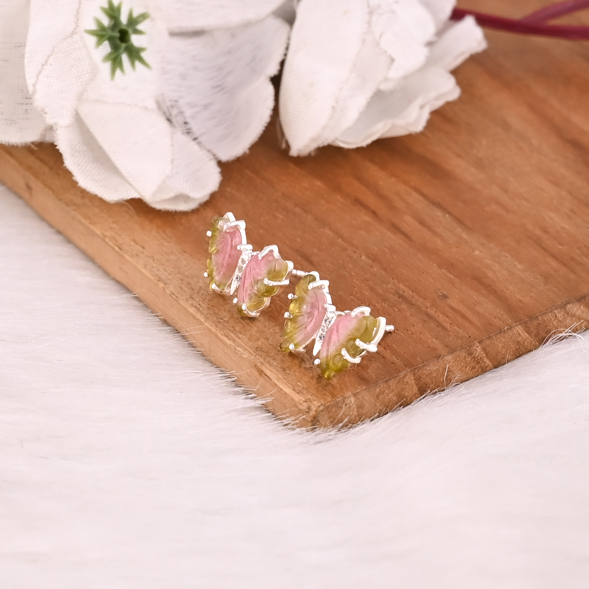 Natural Bio Tourmaline Gemstone Butterfly Earring Women Earrings Carving Gemstone Earring Stud Earrings Unique Gift