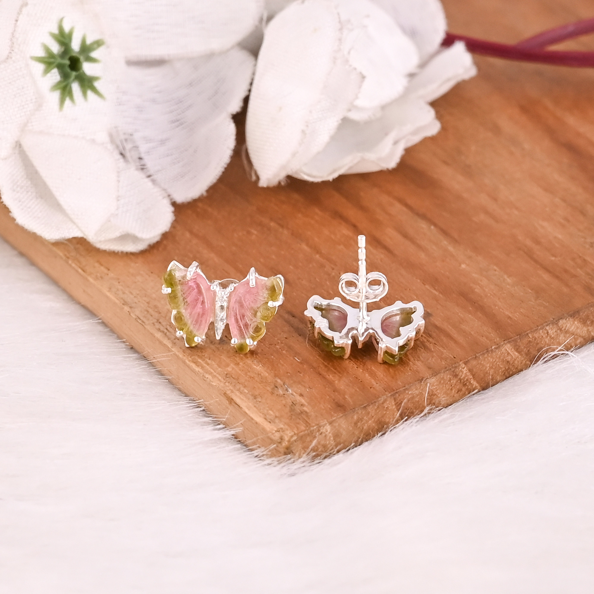 Natural Bio Tourmaline Gemstone Butterfly Earring Women Earrings Carving Gemstone Earring Stud Earrings Unique Gift