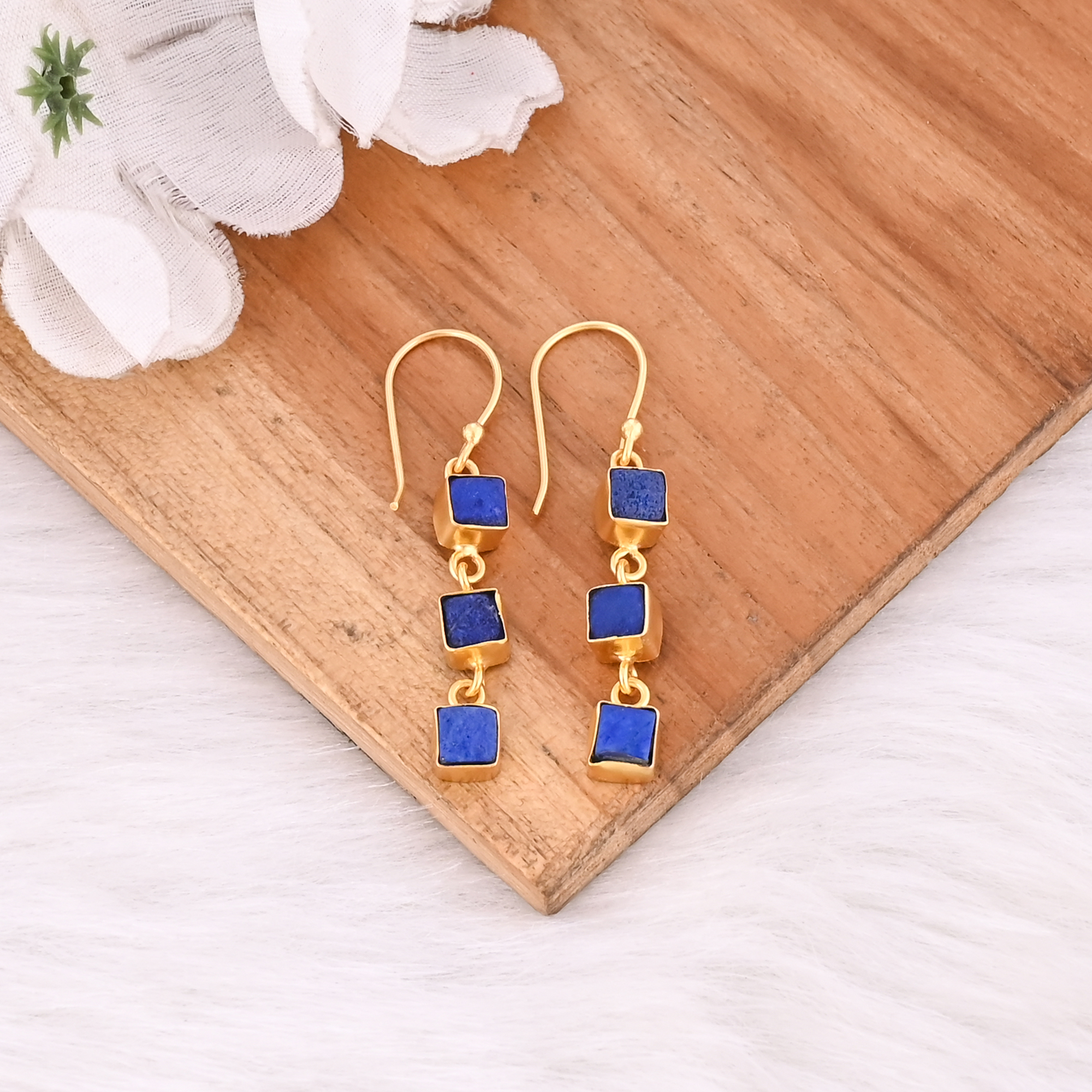 Natural Lapis Lazuli Triple Stone Square Shape Earrings For Women
