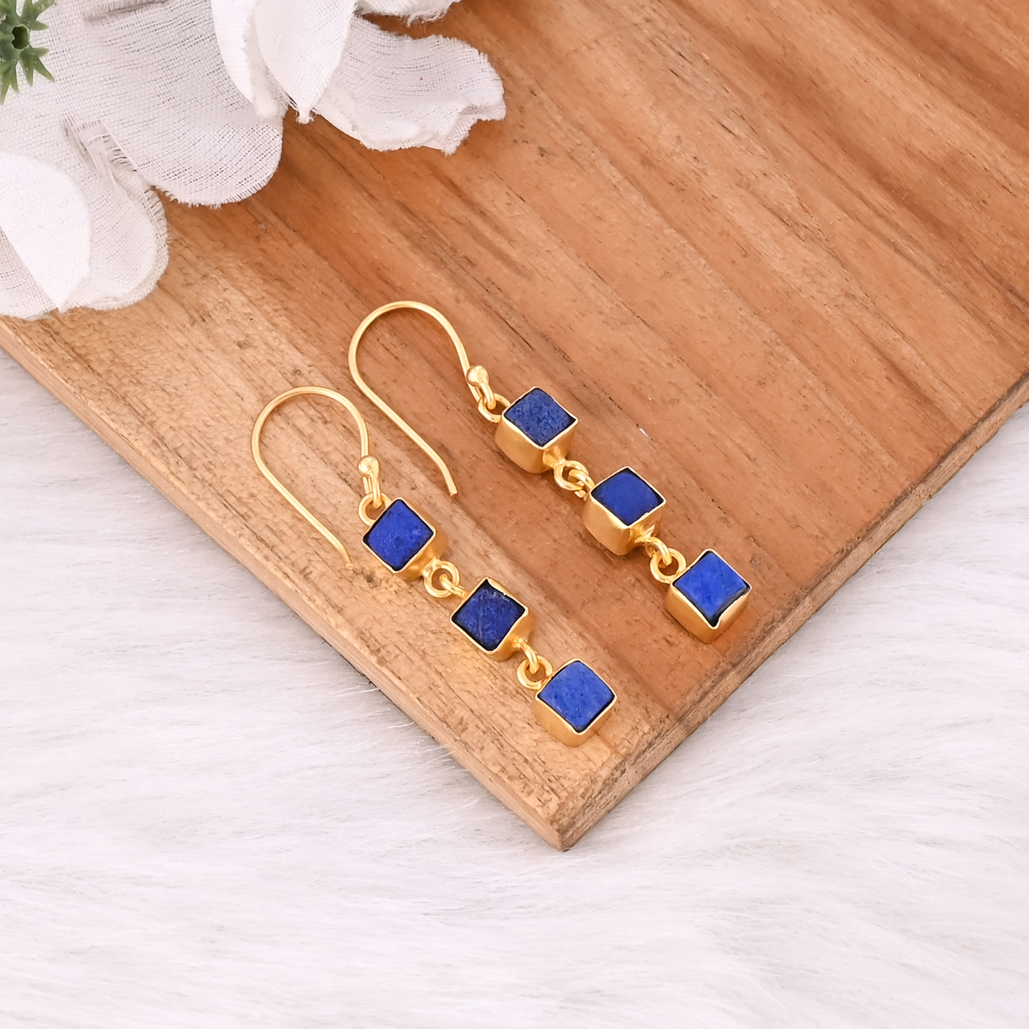 Natural Lapis Lazuli Triple Stone Square Shape Earrings For Women