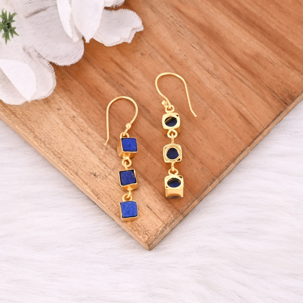 Image of Natural Lapis Lazuli Triple Stone Square Shape Earrings For Women