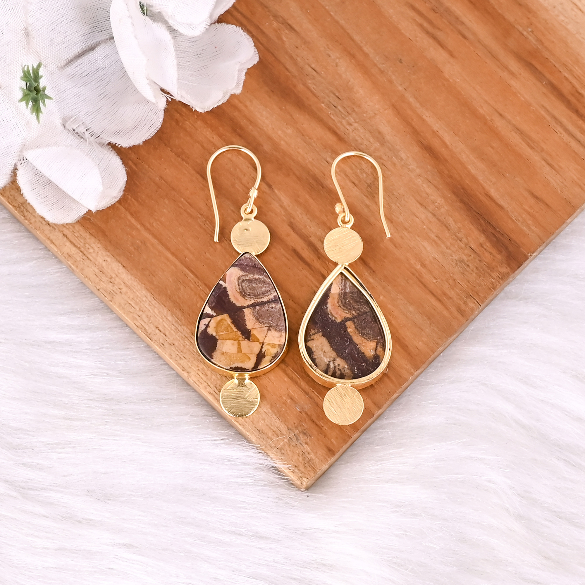 Hot Selling Yellow Gold Plated Earring Picture Jasper Gemstone Earring Fashion Boho Statement Earrings Wholesale Manufacturer