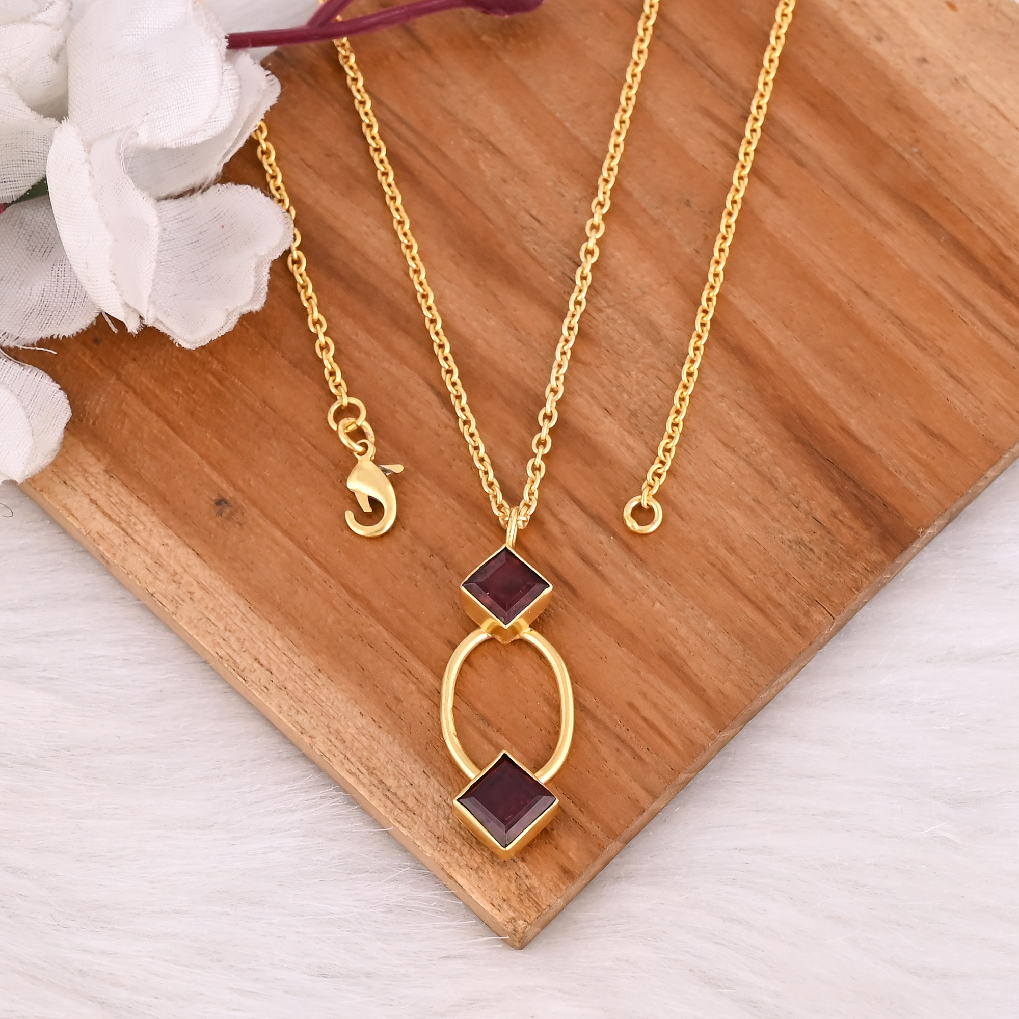 Trendy Mozambique Garnet Pendant on 925 Silver Gold-Plated Chain Necklace with Silver Bezel for Engagement Wedding  Parties