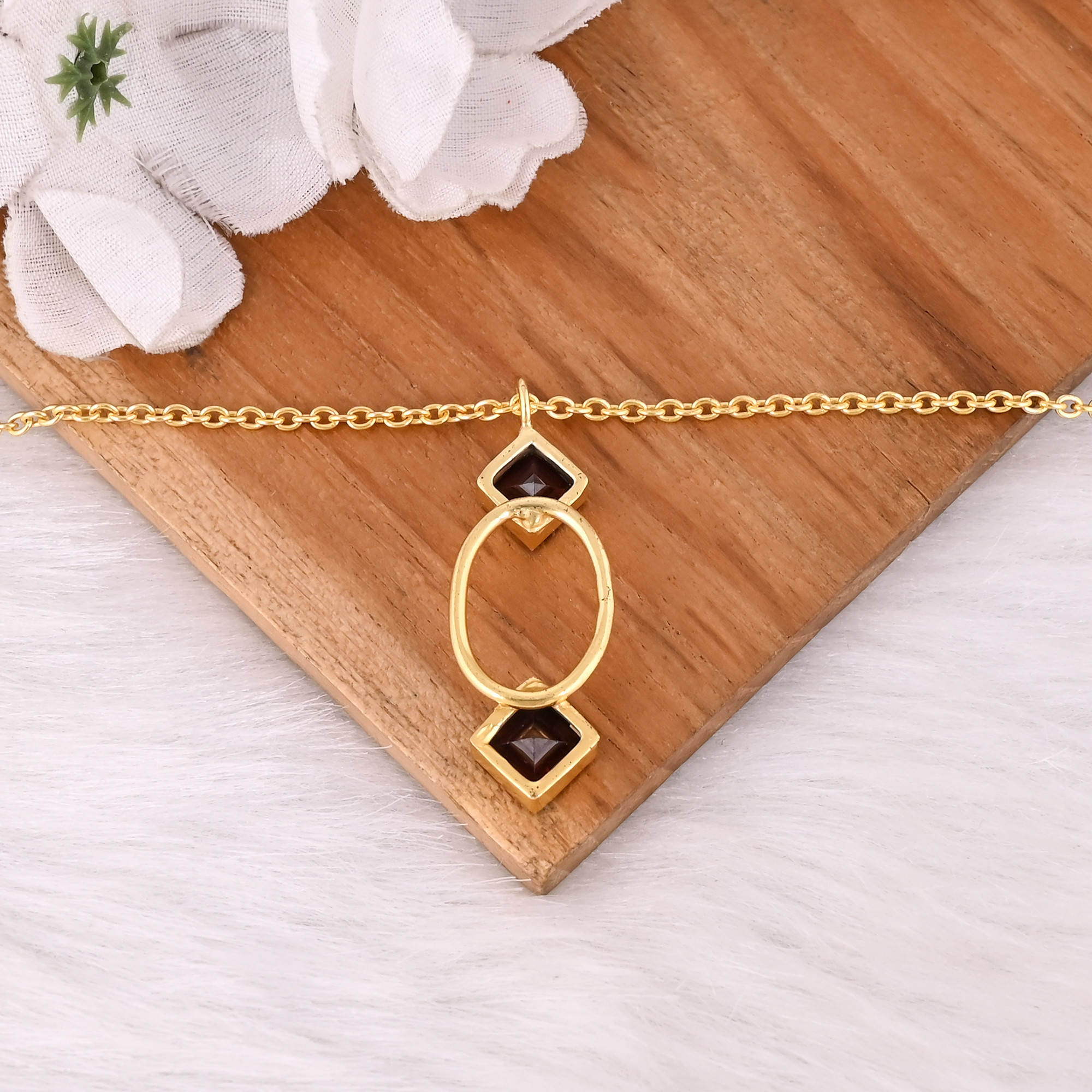 Trendy Mozambique Garnet Pendant on 925 Silver Gold-Plated Chain Necklace with Silver Bezel for Engagement Wedding  Parties