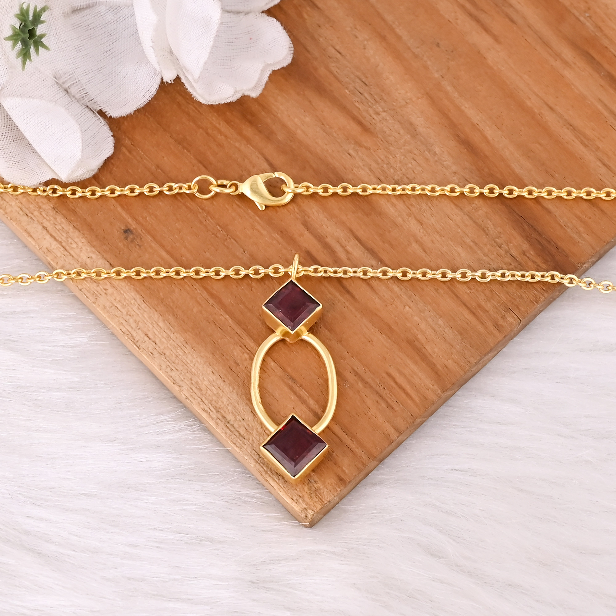 Trendy Mozambique Garnet Pendant on 925 Silver Gold-Plated Chain Necklace with Silver Bezel for Engagement Wedding  Parties