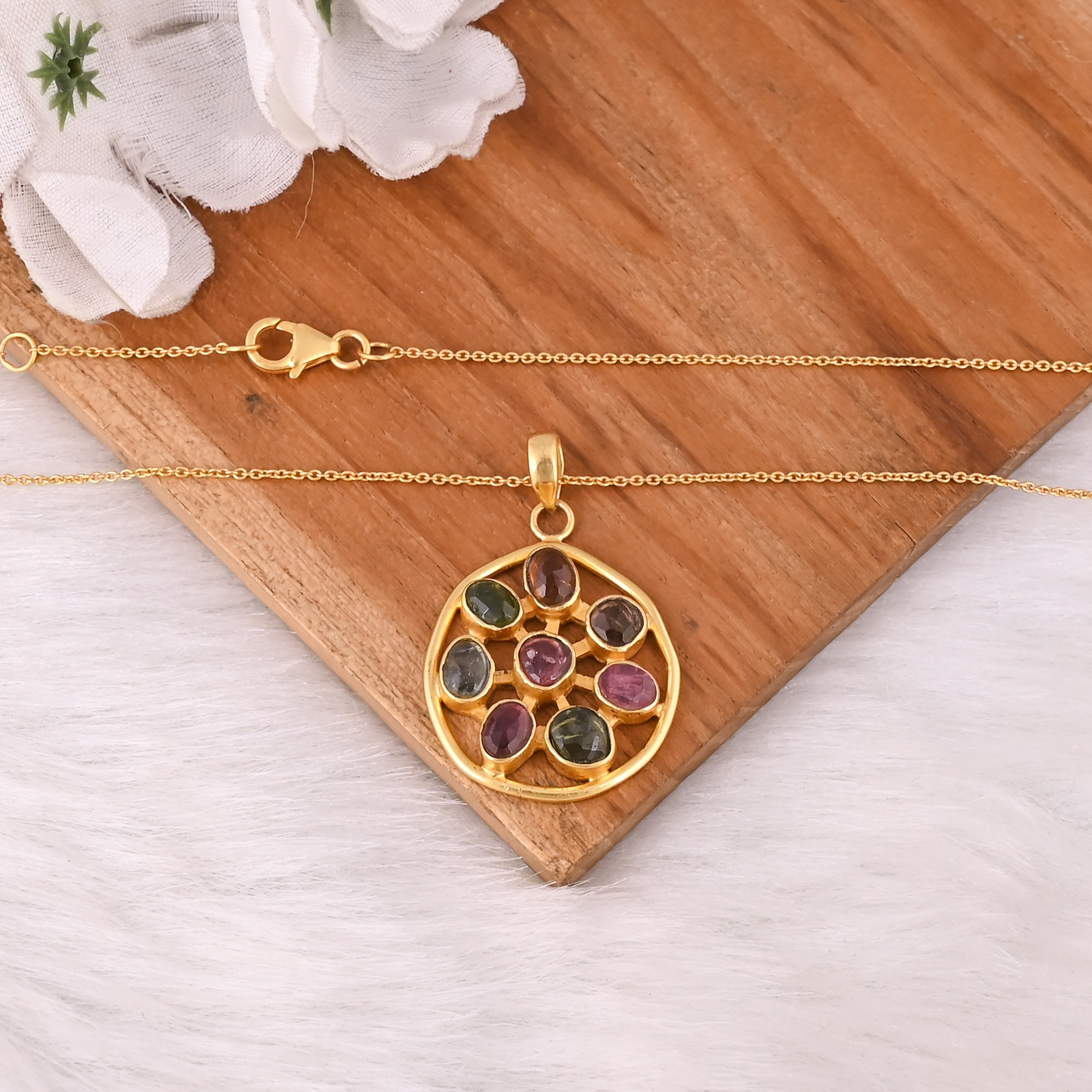Natural Multi Tourmaline Necklace 925 Sterling Silver Gold Plated Bezel Set Pendant Necklace Gemstone Birthstone Necklaces
