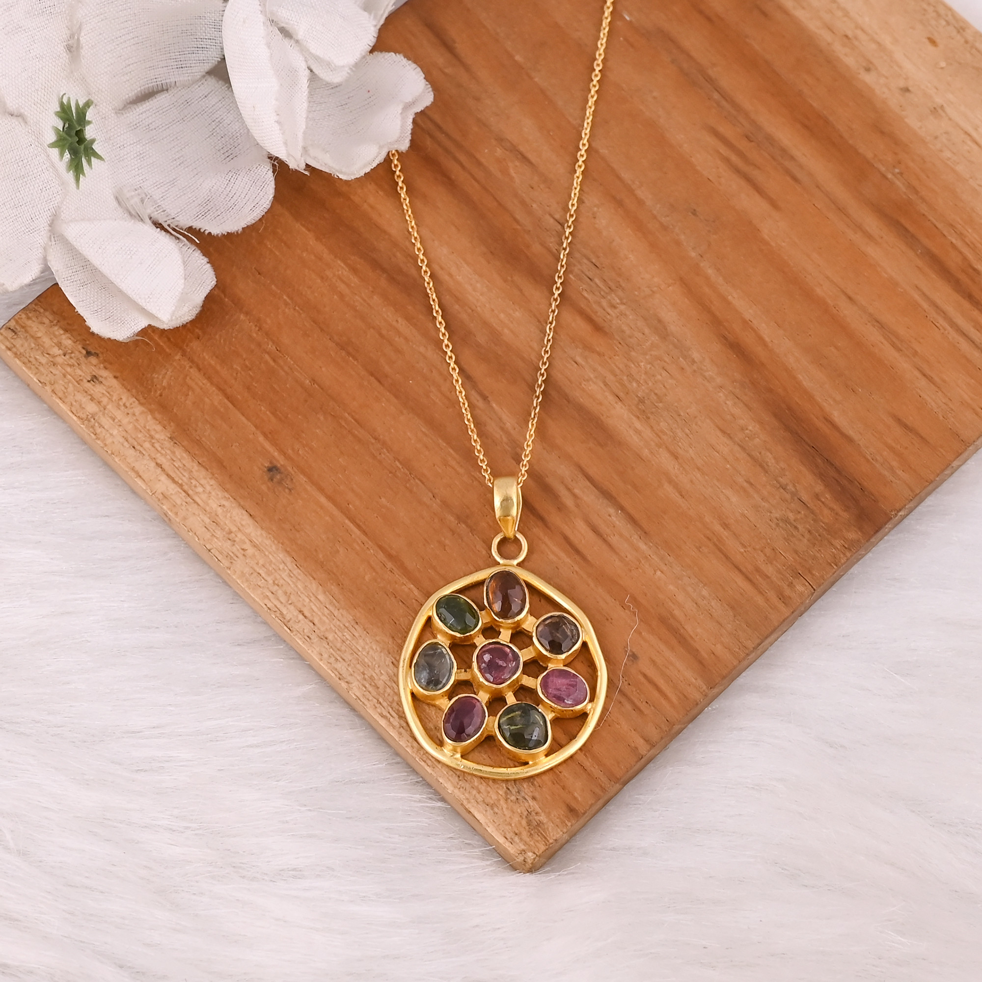 Natural Multi Tourmaline Necklace 925 Sterling Silver Gold Plated Bezel Set Pendant Necklace Gemstone Birthstone Necklaces
