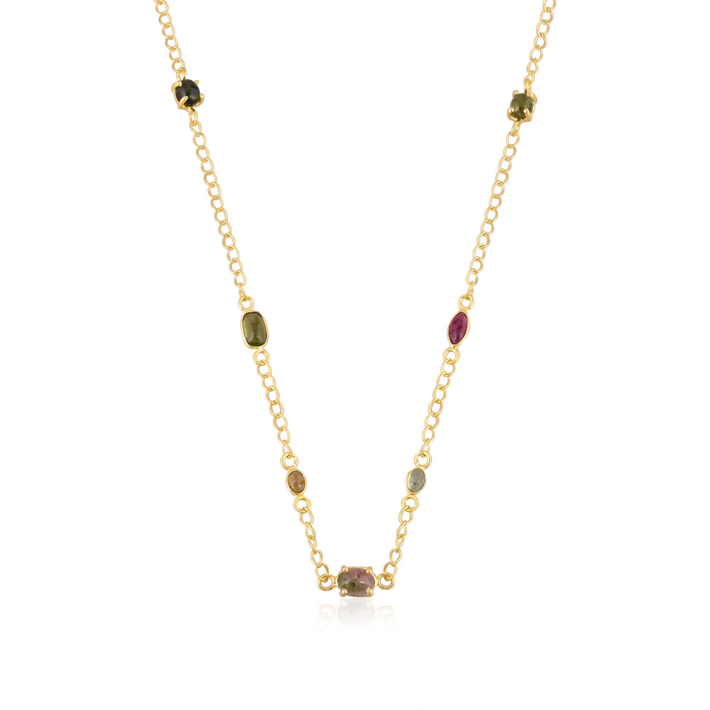 Image of Natural Multi Tourmaline Gemstone Necklace With Chain Jewelry Manufacturer Supplier Handmade Gold Plated 925 Silver Fine Jewelry