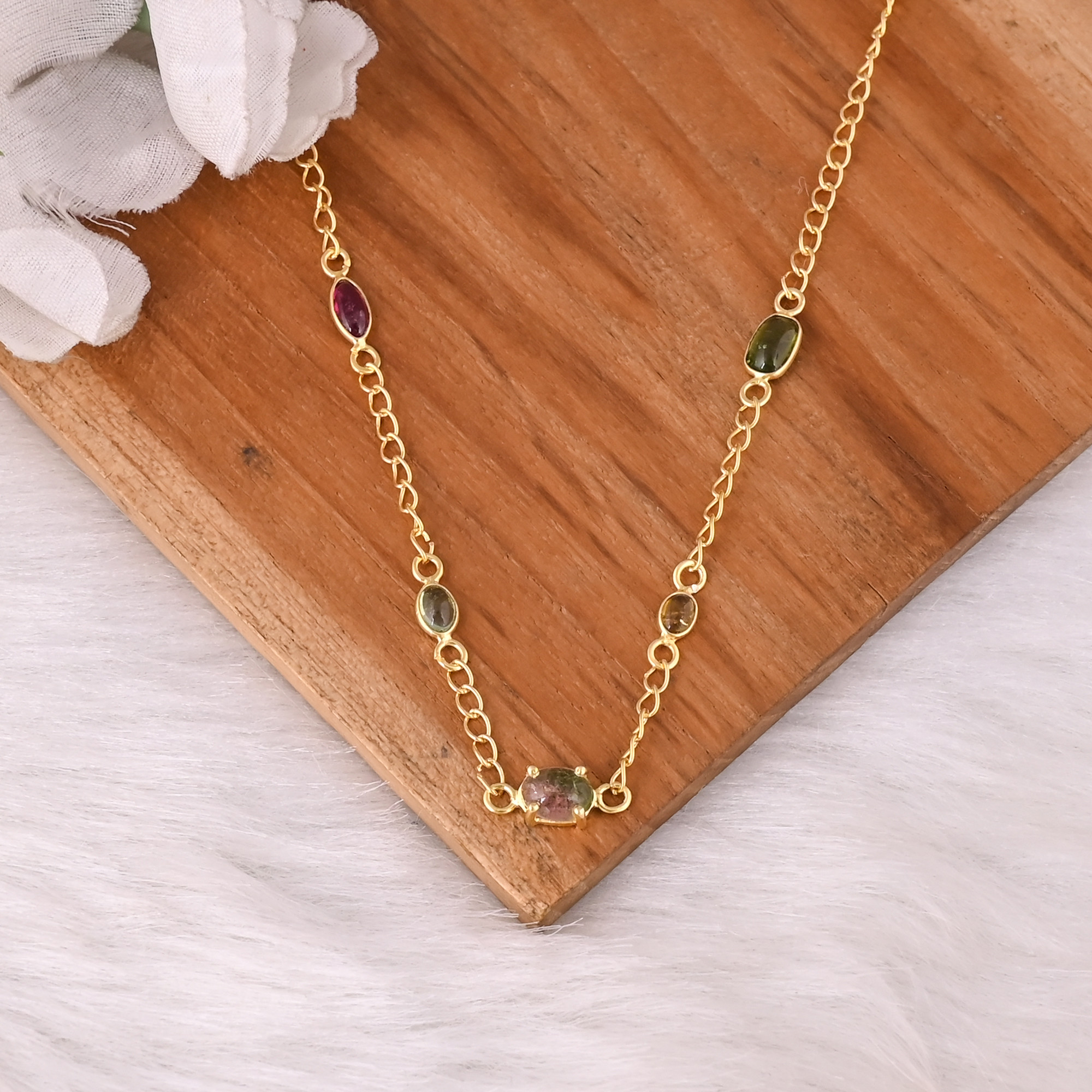 Natural Multi Tourmaline Gemstone Necklace With Chain Jewelry Manufacturer Supplier Handmade Gold Plated 925 Silver Fine Jewelry