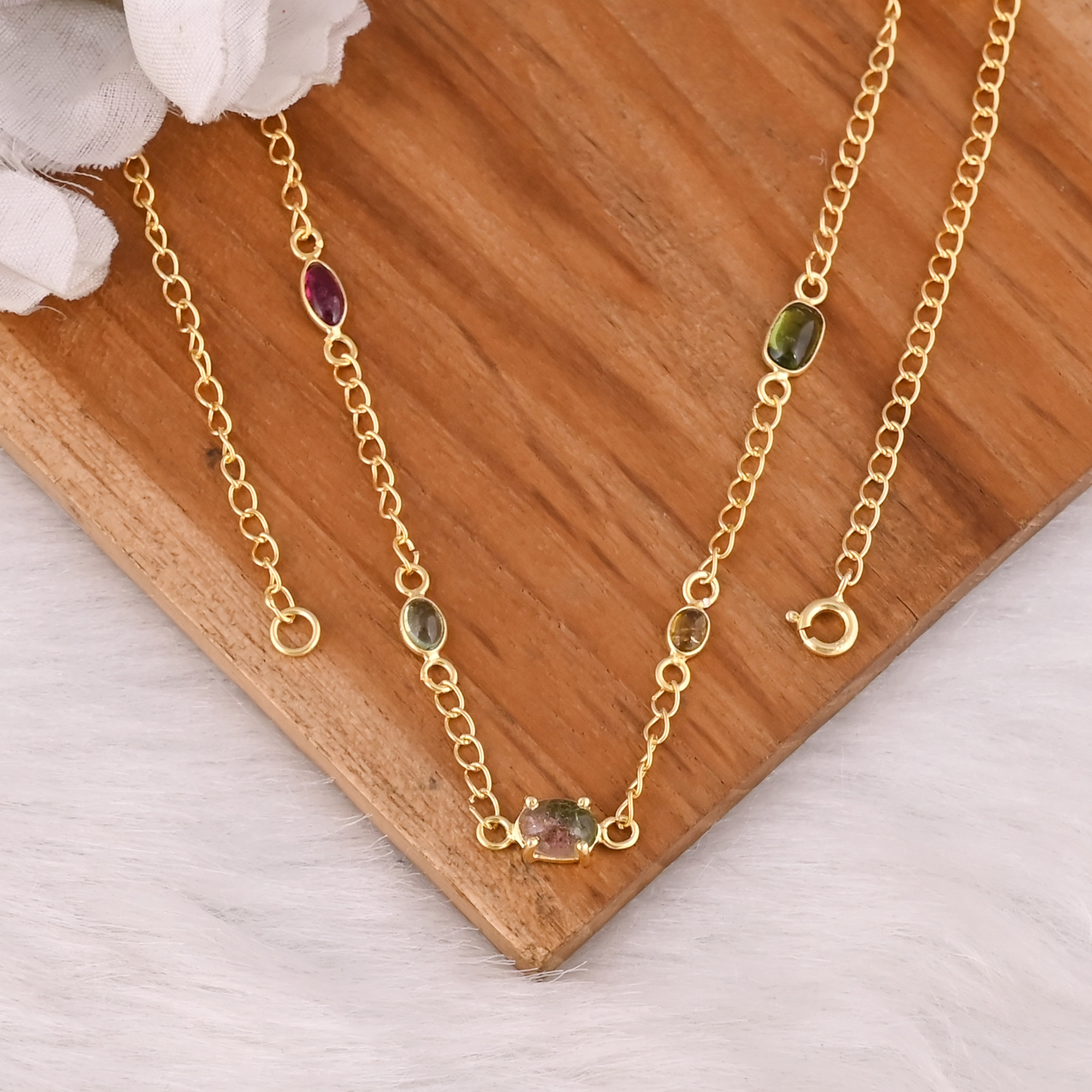 Natural Multi Tourmaline Gemstone Necklace With Chain Jewelry Manufacturer Supplier Handmade Gold Plated 925 Silver Fine Jewelry