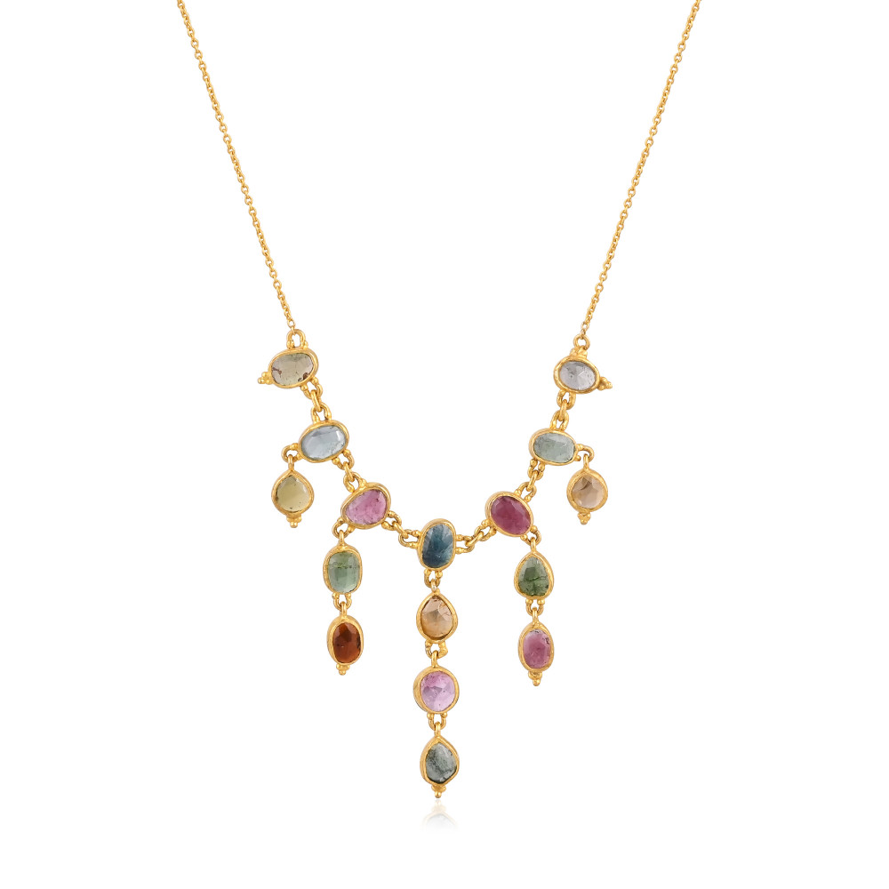 Image of Natural Multi Tourmaline Gemstone Necklace With Chain Jewelry Manufacturer Supplier Handmade Gold Plated 925 Silver Fine Jewelry