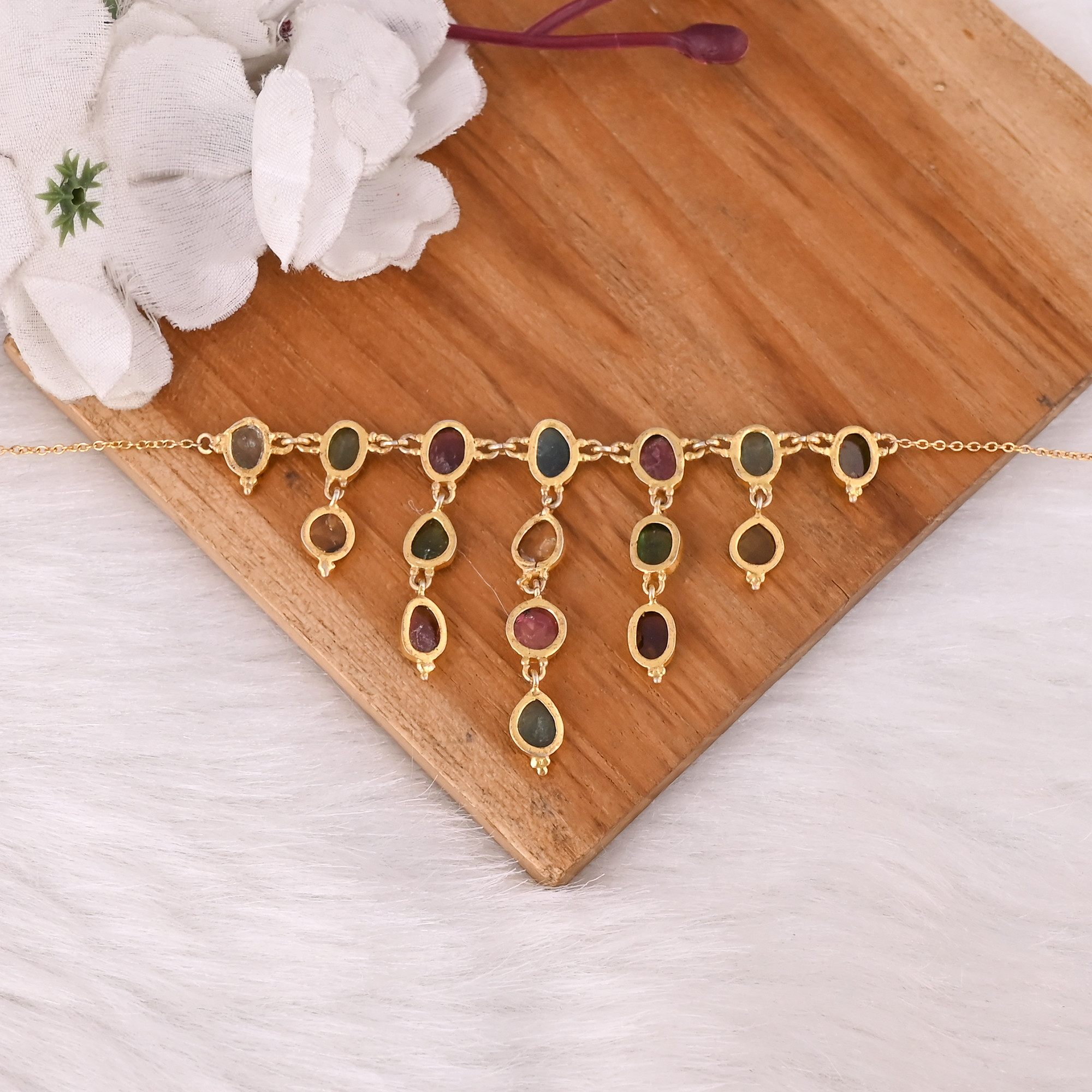 Natural Multi Tourmaline Gemstone Necklace With Chain Jewelry Manufacturer Supplier Handmade Gold Plated 925 Silver Fine Jewelry