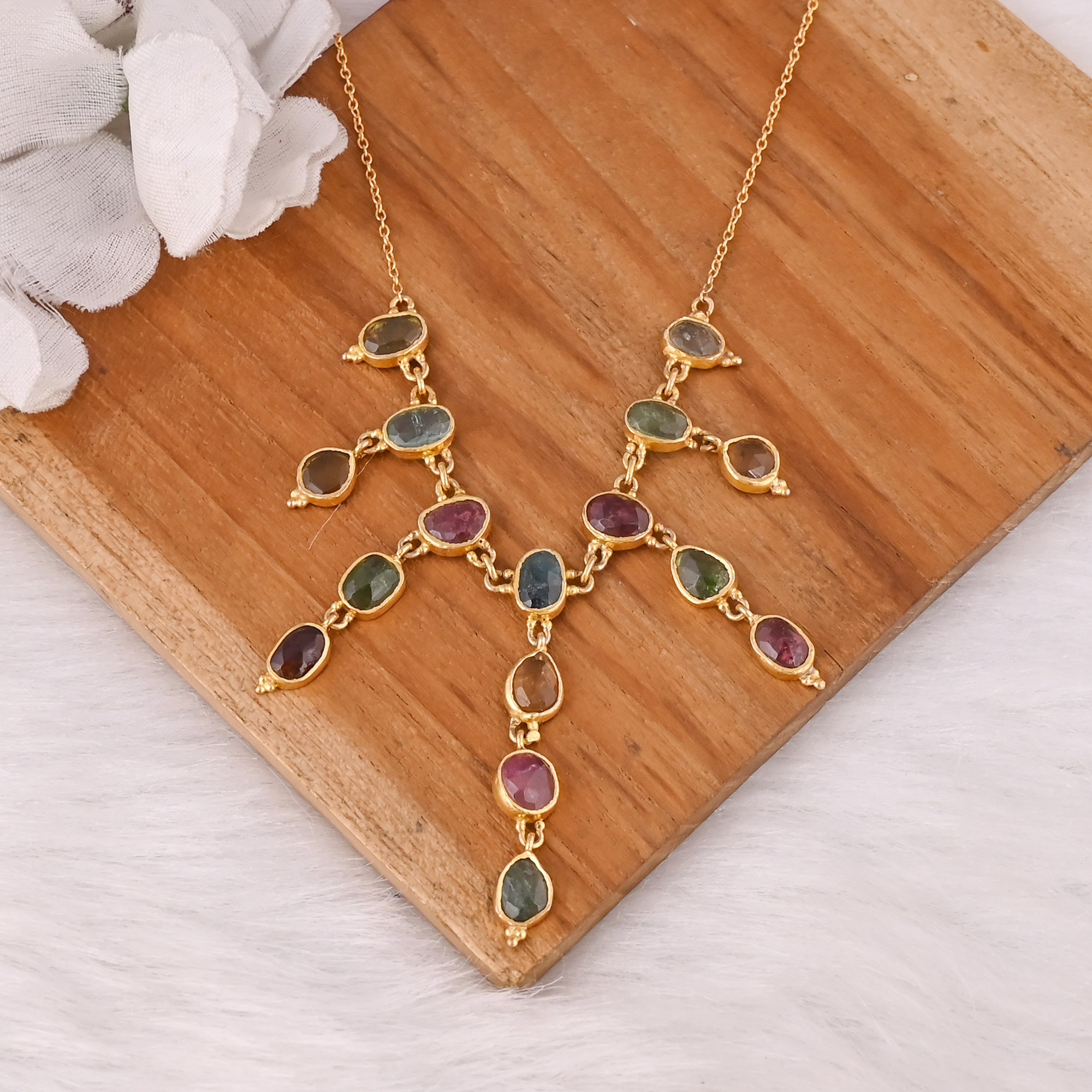Natural Multi Tourmaline Gemstone Necklace With Chain Jewelry Manufacturer Supplier Handmade Gold Plated 925 Silver Fine Jewelry