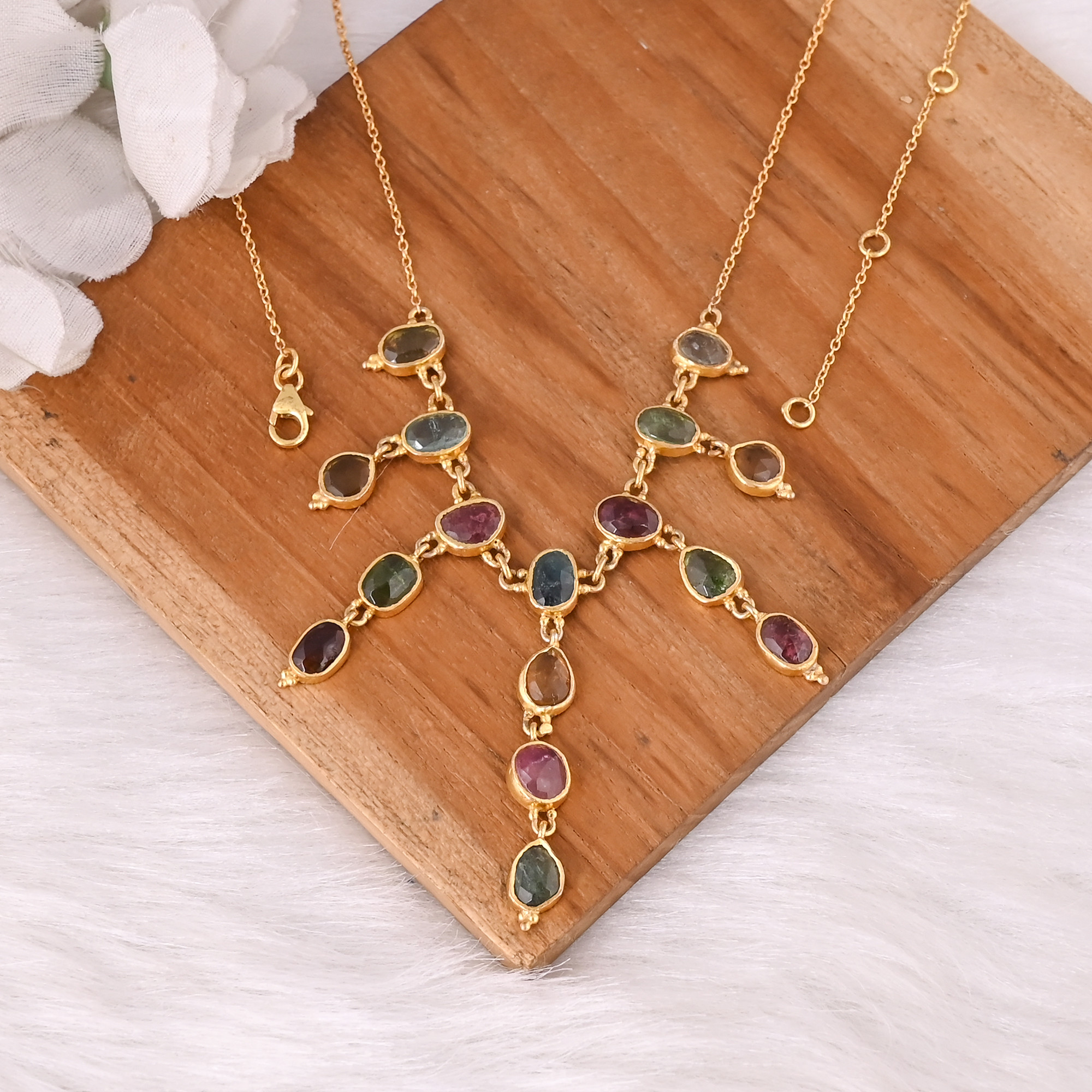 Natural Multi Tourmaline Gemstone Necklace With Chain Jewelry Manufacturer Supplier Handmade Gold Plated 925 Silver Fine Jewelry
