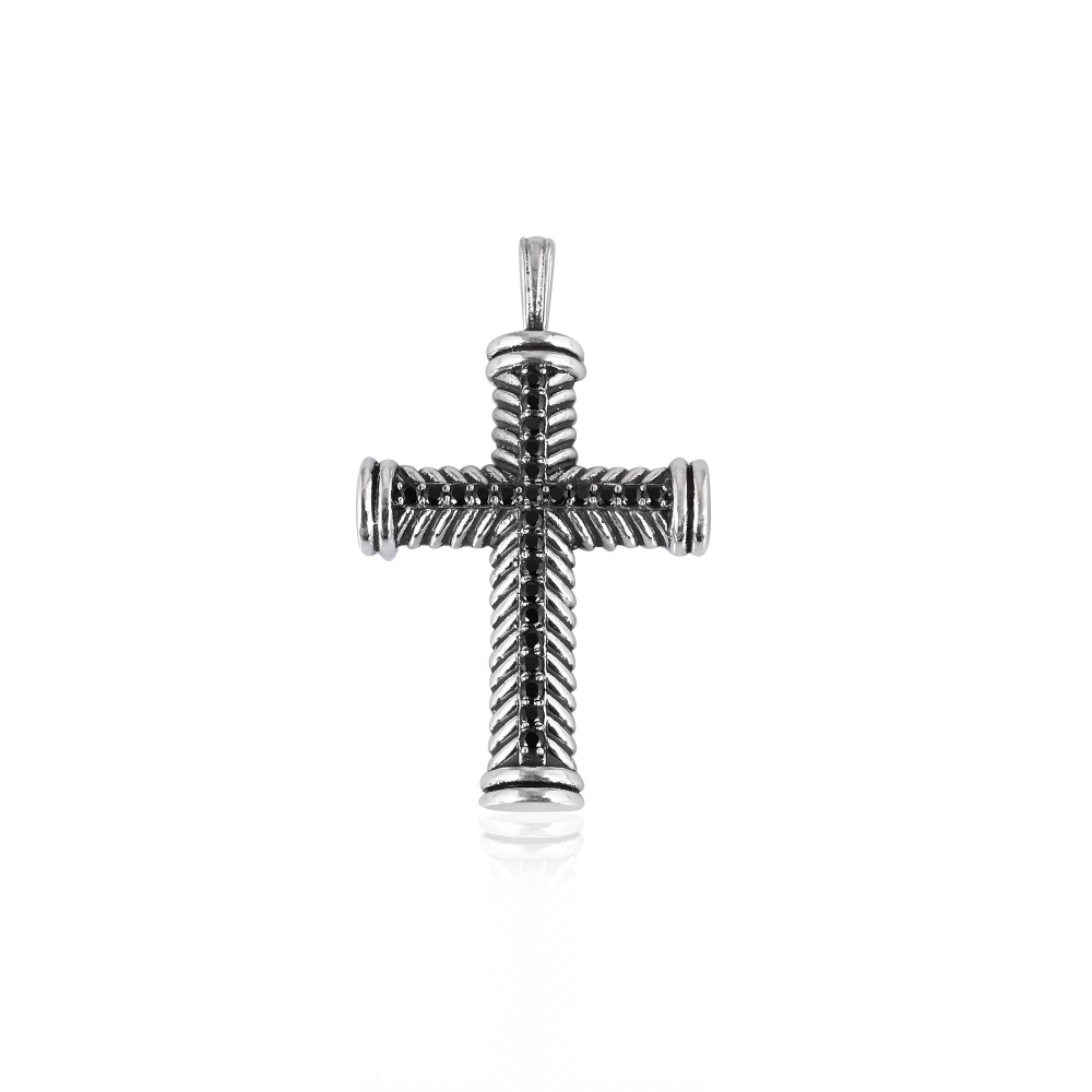 Image of High Quality Black CZ Silver Cross Pendant Jewelry Wholesale 925 Sterling Silver Classic Pendant Boho Jewelry