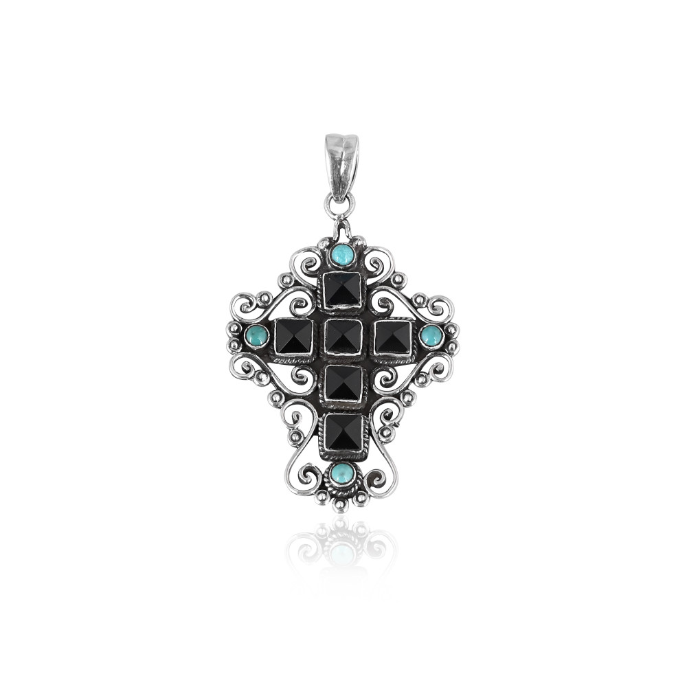 Image of Customized 925 Sterling Silver Cross Pendant With Black Onyx &amp; Turquoise Gemstone Pendant Fine Vintage Jewelry