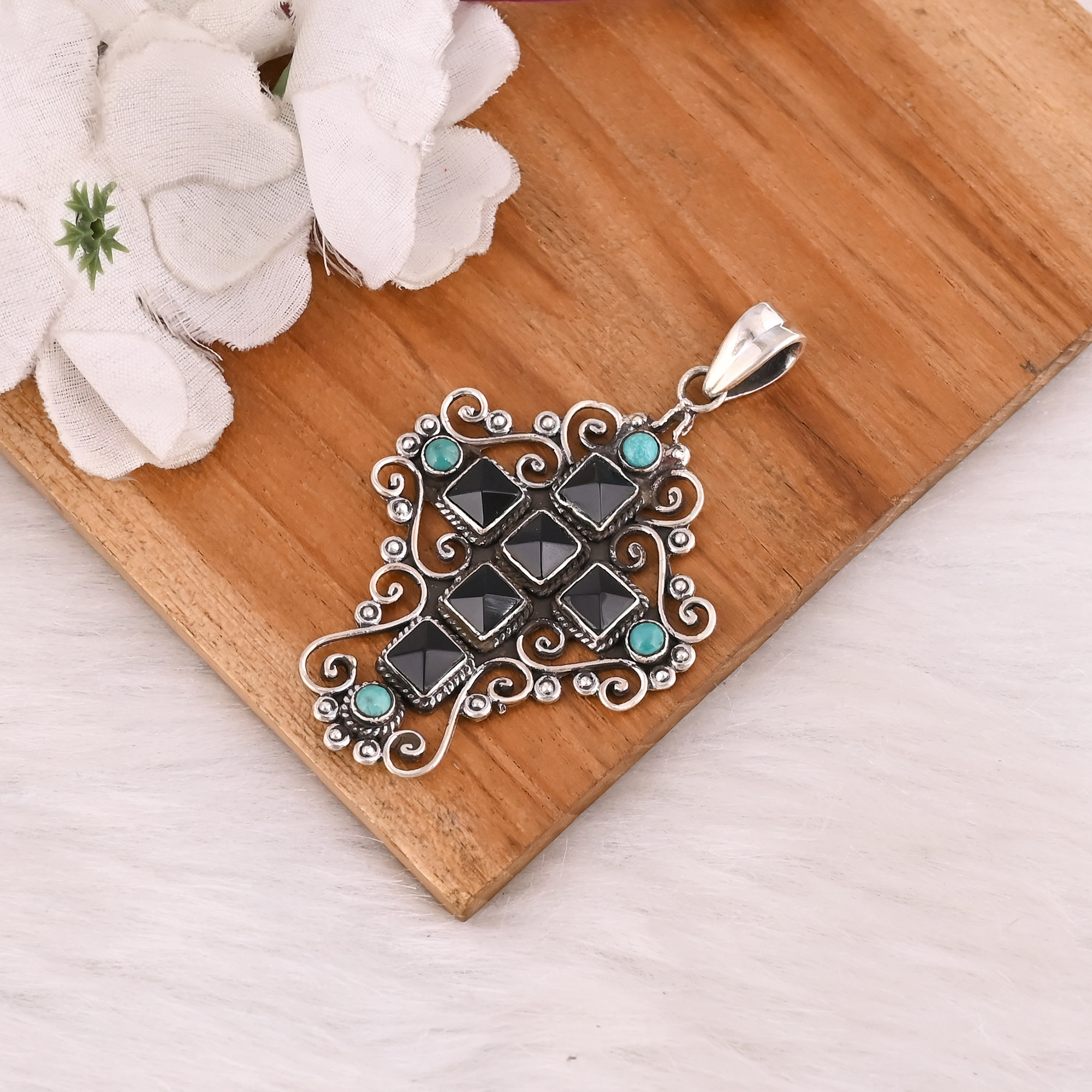 Customized 925 Sterling Silver Cross Pendant With Black Onyx  Turquoise Gemstone Pendant Fine Vintage Jewelry