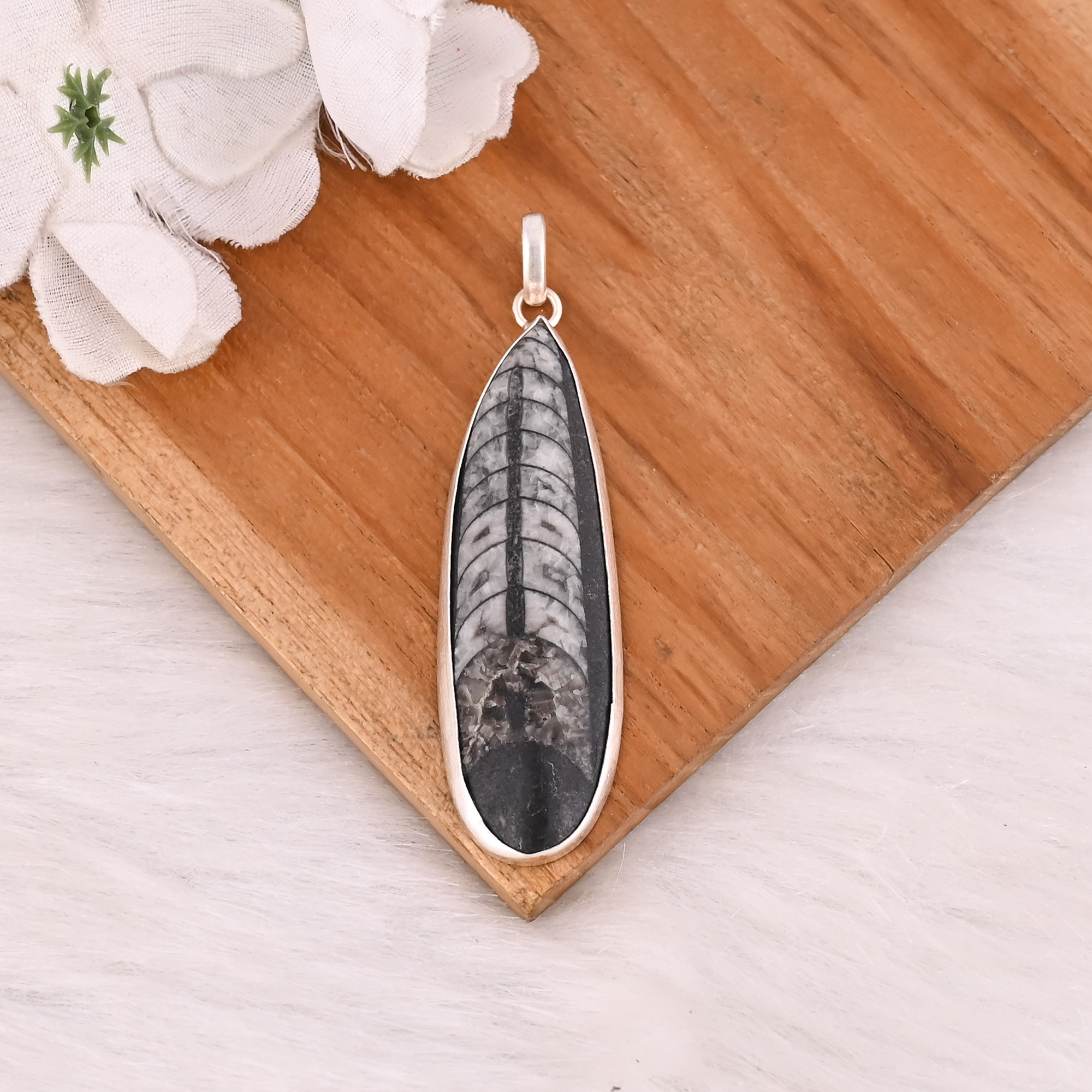 Solid 925 Sterling Silver Pendant Orthoceras Fossil Gemstone Handmade Long Pendant Designer Silver Pendant Anniversary Gift