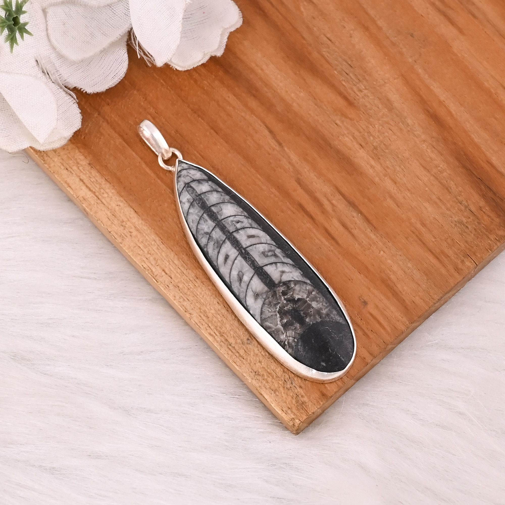 Solid 925 Sterling Silver Pendant Orthoceras Fossil Gemstone Handmade Long Pendant Designer Silver Pendant Anniversary Gift
