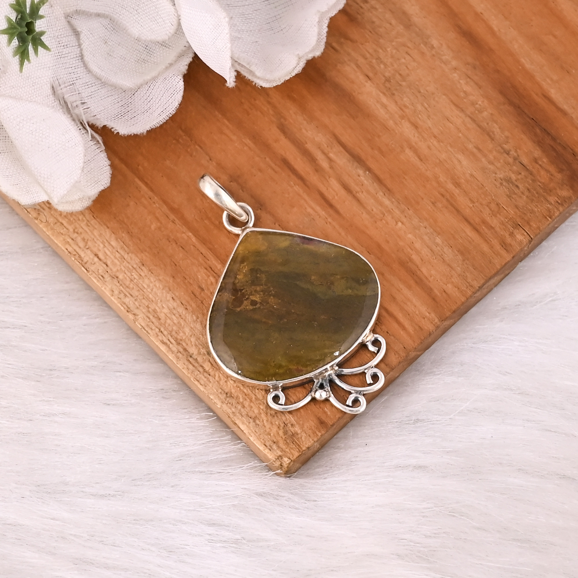 Vintage 925 Sterling Silver Handmade Ocean Jasper Gemstone Pendant Necklace Boho Pendant Trendy Engagements