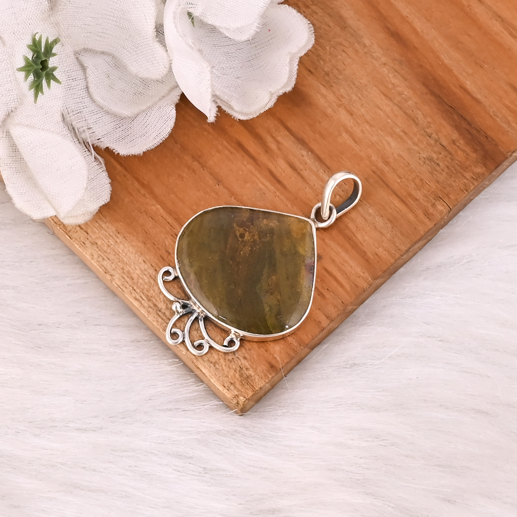 Vintage 925 Sterling Silver Handmade Ocean Jasper Gemstone Pendant Necklace Boho Pendant Trendy Engagements