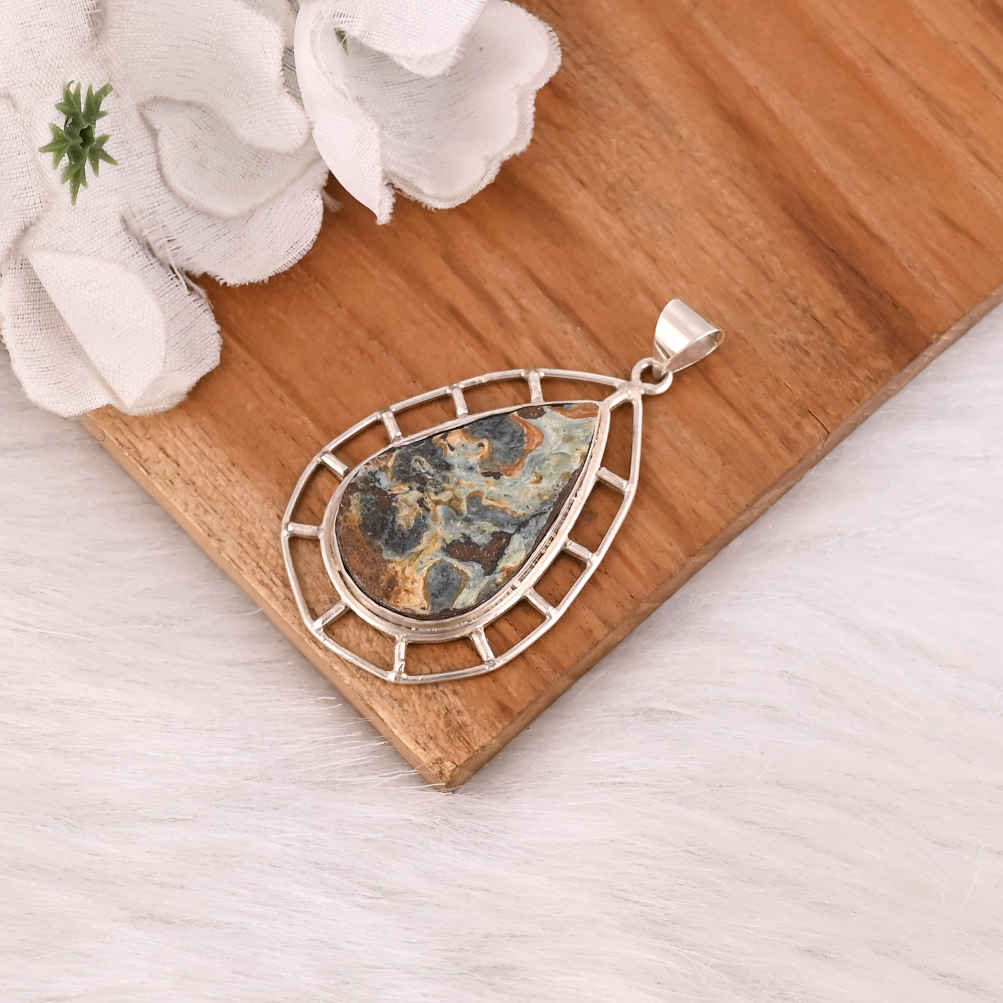 Boulder Opal Raw Gemstone Pendant Handmade 925 Sterling Silver Classic Vintage Indian Wedding Fashion Jewelry Necklace