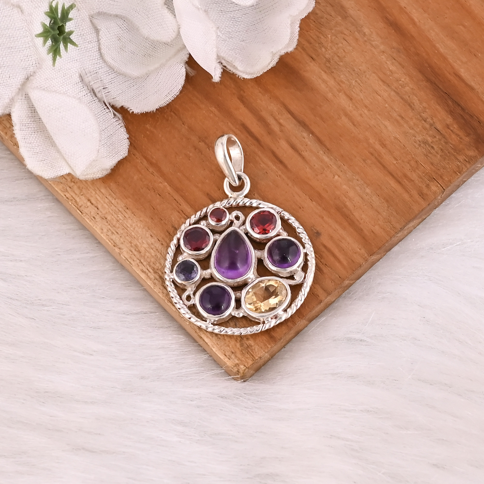 Natural Multi Gemstone Pendant 925 Sterling Silver Fine Jewelry Pendants  Charms Necklace For Women