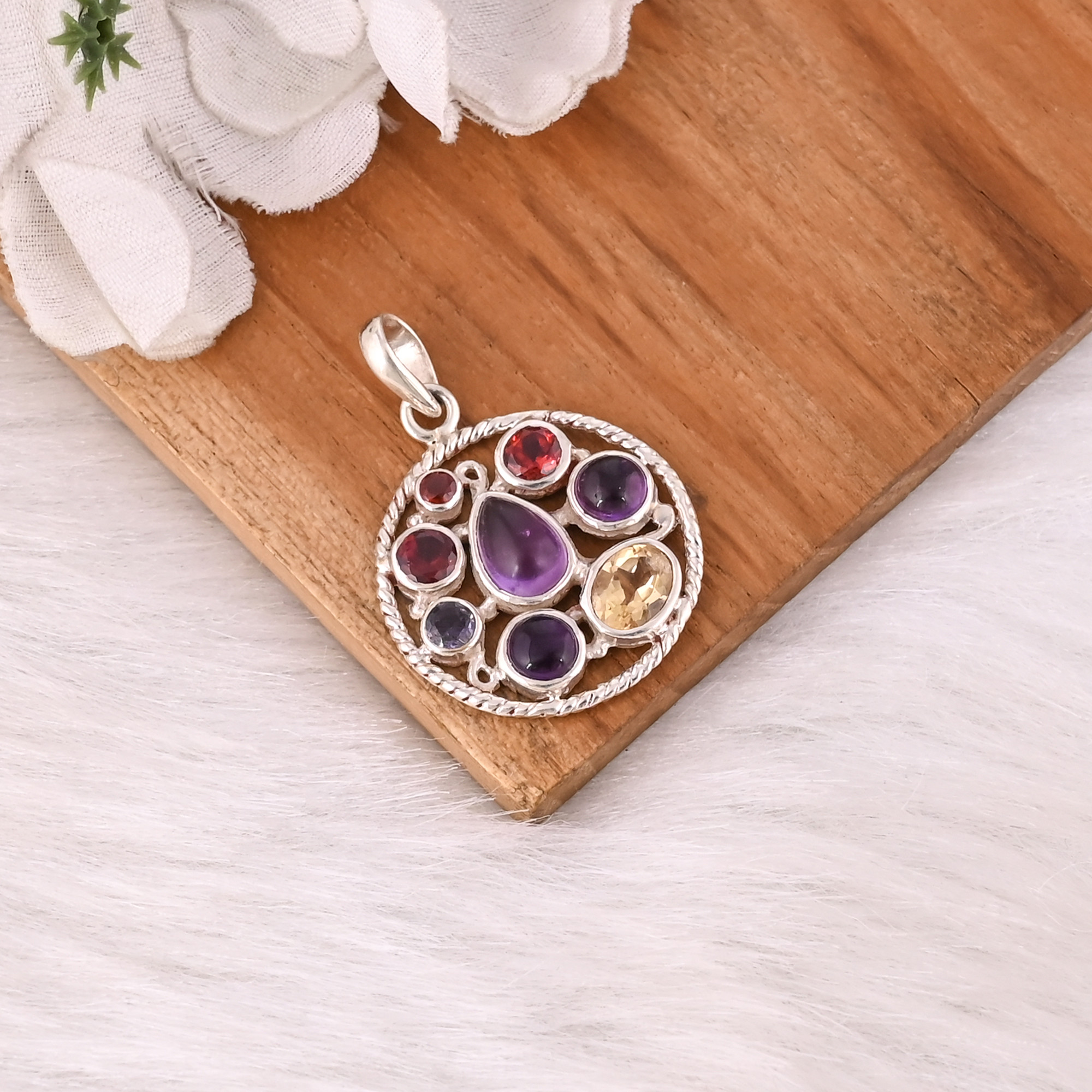 Natural Multi Gemstone Pendant 925 Sterling Silver Fine Jewelry Pendants  Charms Necklace For Women