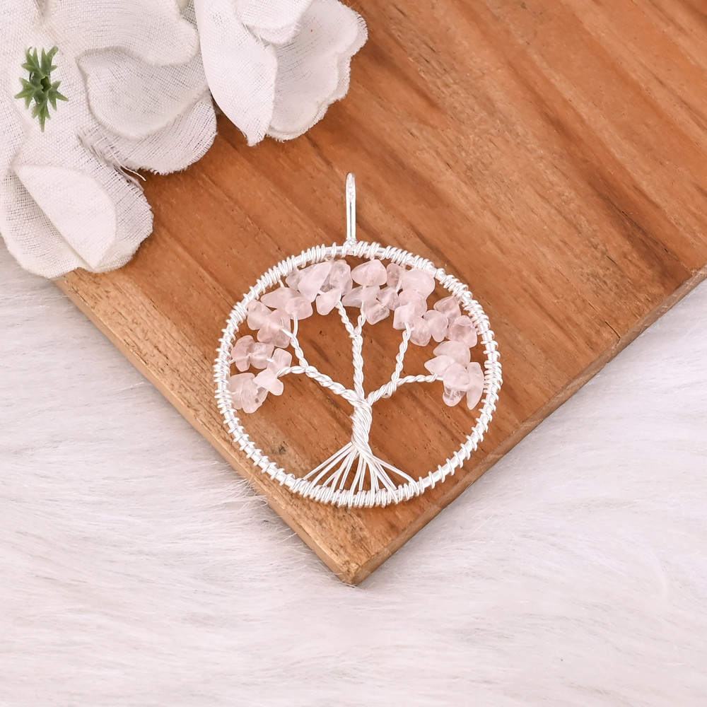 Image of Rose Quartz Gemstone Tree Of Life Pendant Handmade Jewelry 925 Sterling Silver Classic Vintage Indian Wedding Fashion Jewelry