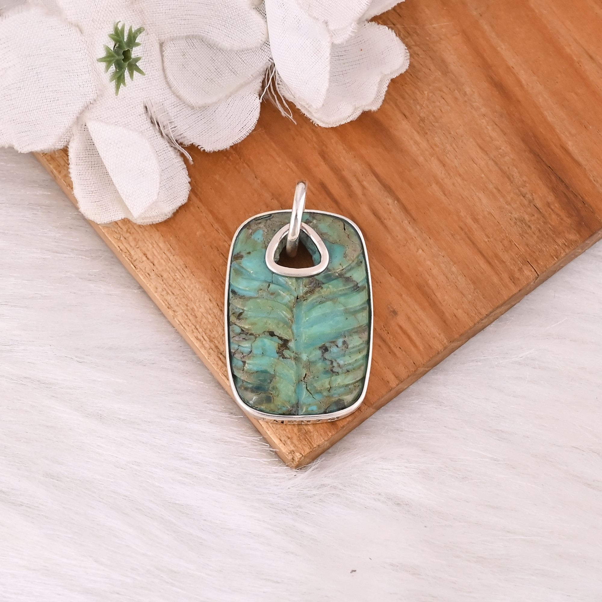 Turquoise Carving Gemstone 925 Sterling Silver Pendant with Silver Plated Trendy Bezel Setting Fashionable Pendant For Women