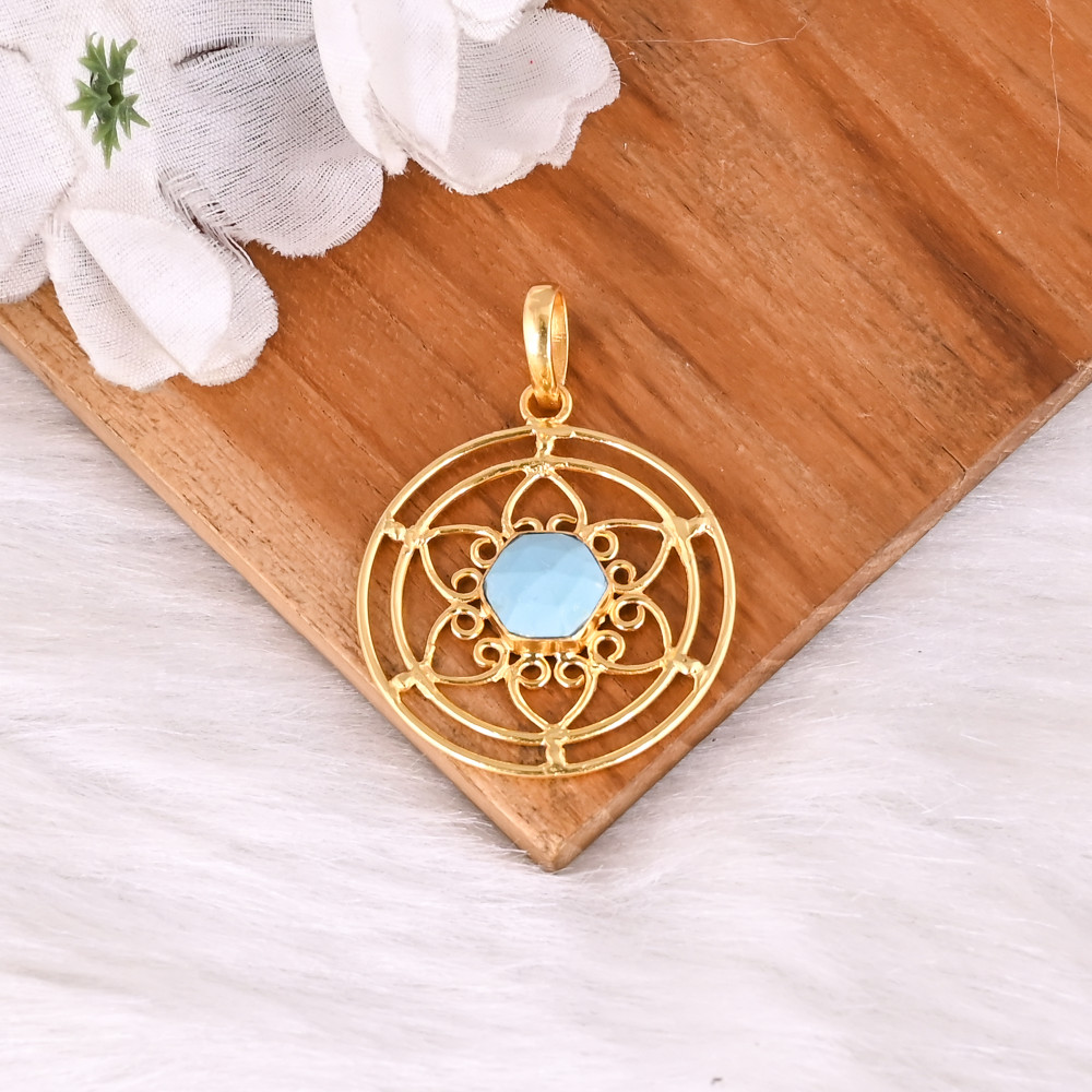 Image of Designer Synthetic Turquoise Gemstone Brass Pendant Handmade Gift For Her