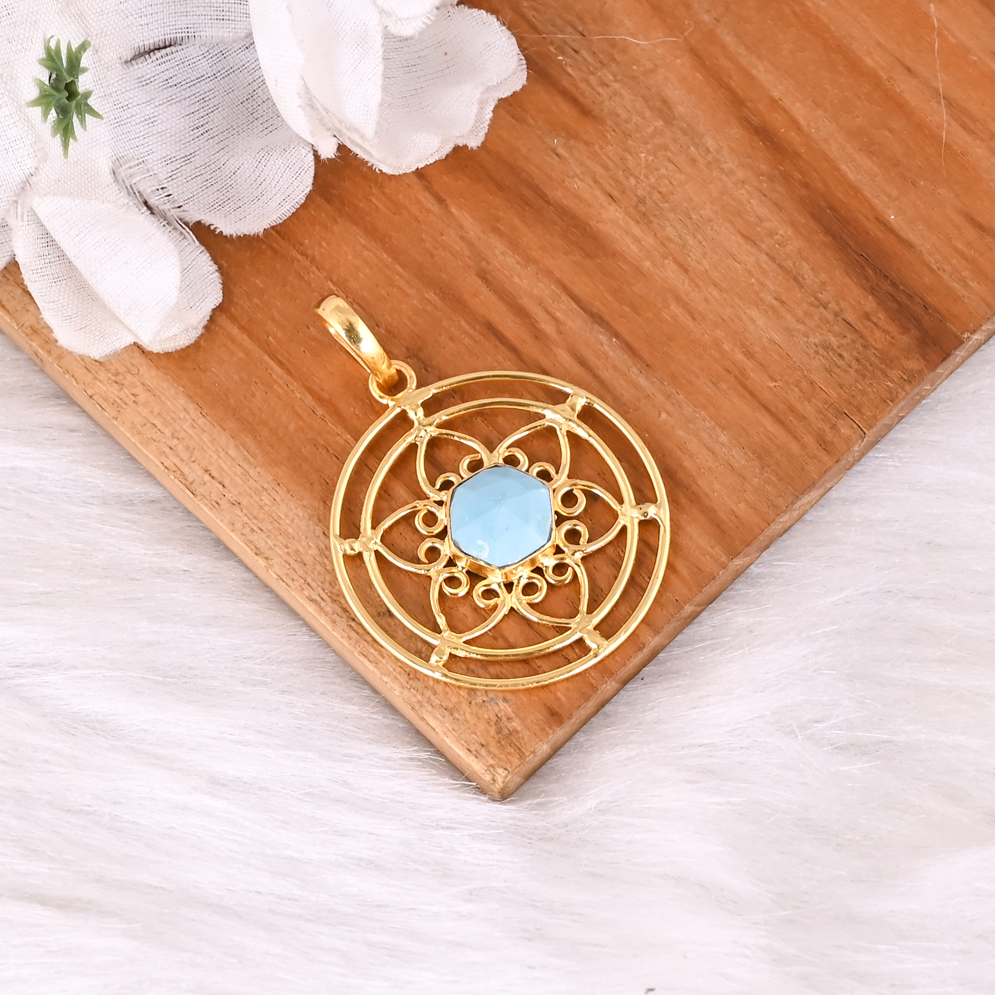 Designer Synthetic Turquoise Gemstone Brass Pendant Handmade Gift For Her