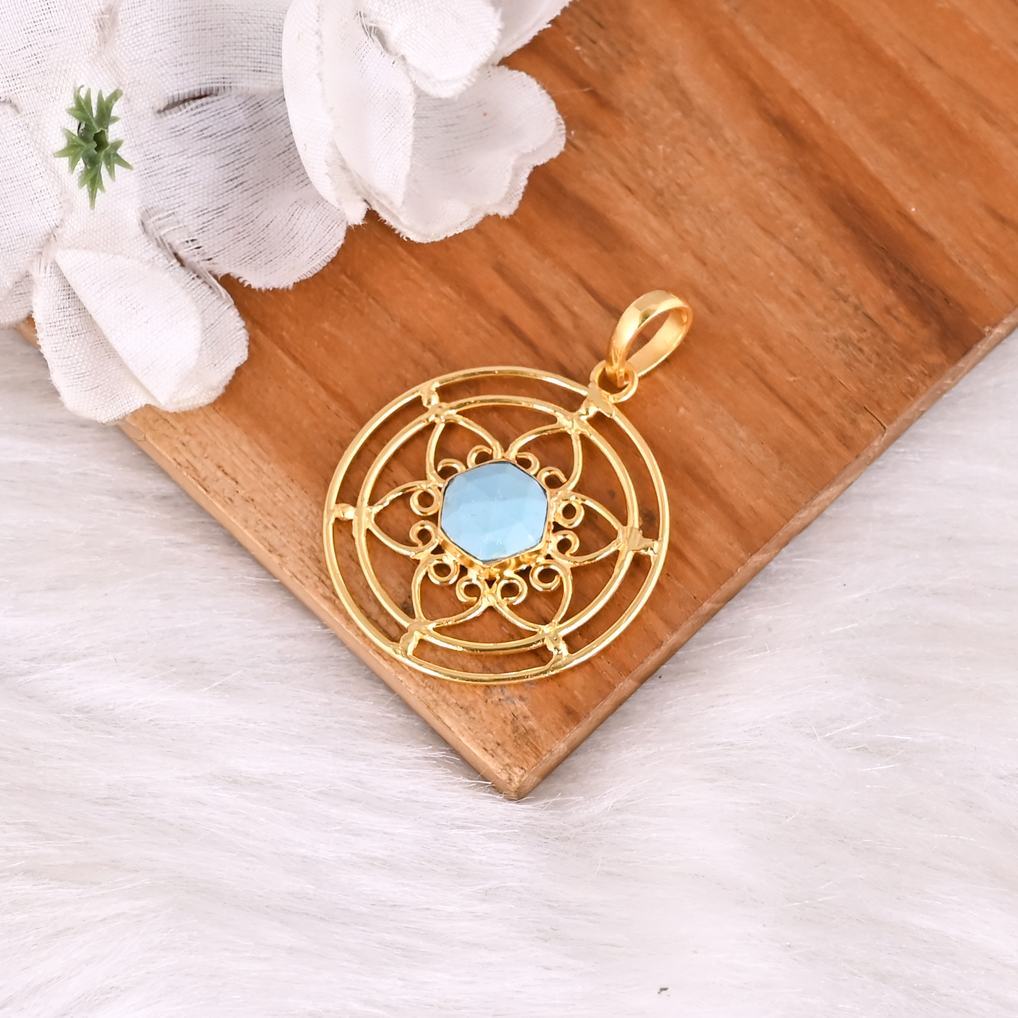 Designer Synthetic Turquoise Gemstone Brass Pendant Handmade Gift For Her