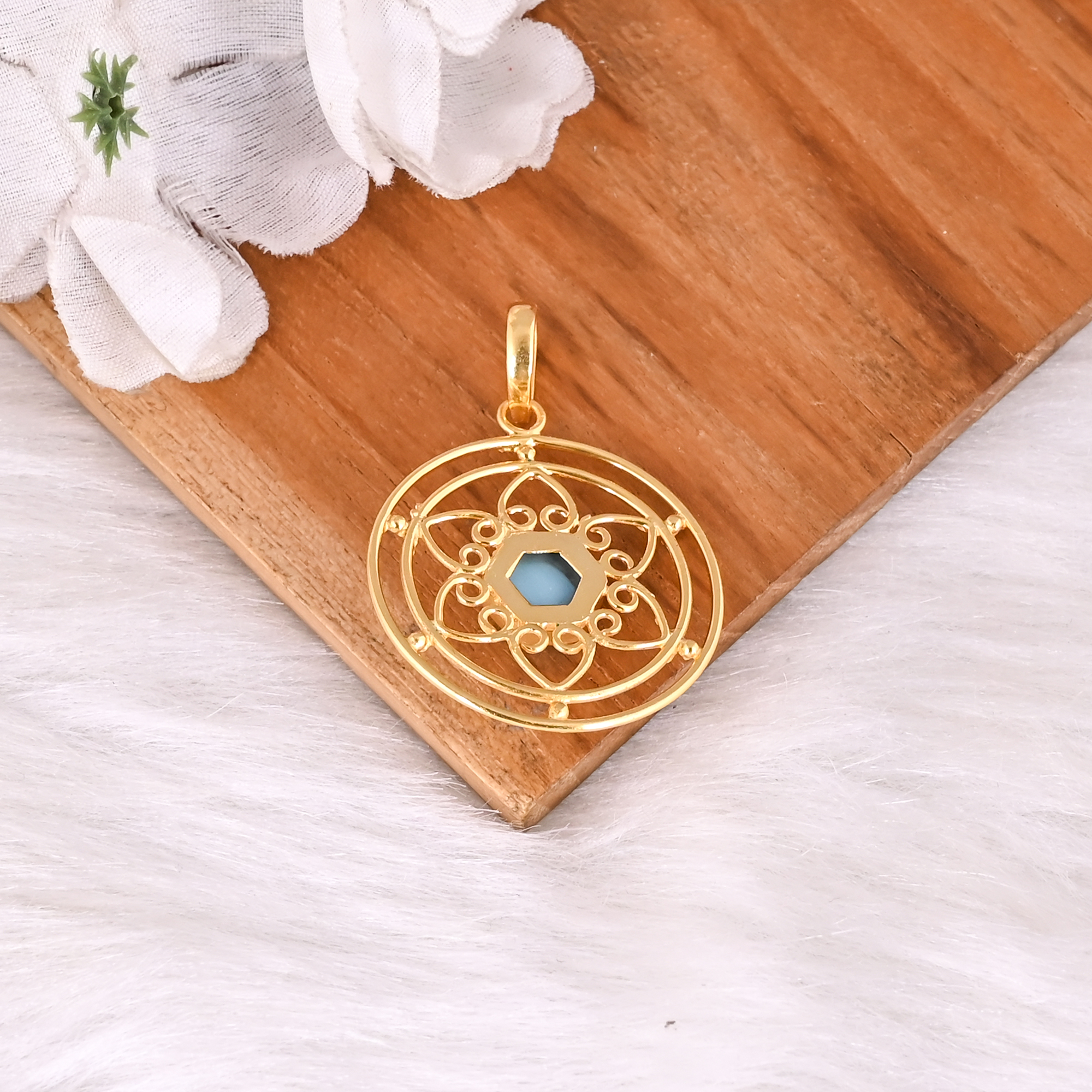 Designer Synthetic Turquoise Gemstone Brass Pendant Handmade Gift For Her
