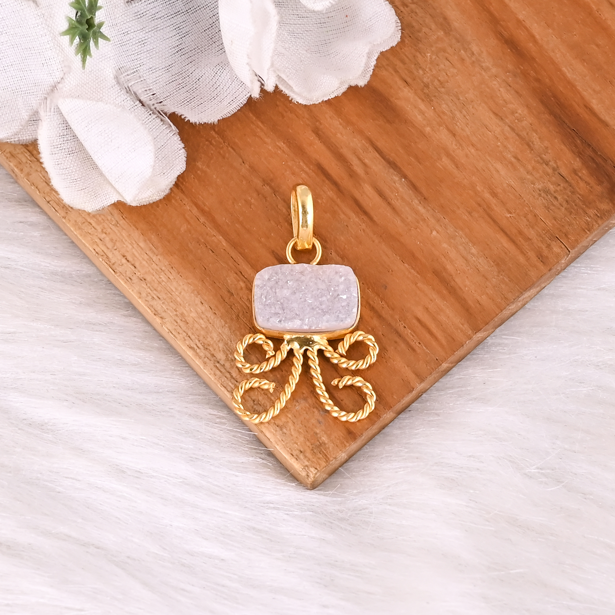 Trendy White Druzy Quartz Gold Plated Brass Pendant For Women