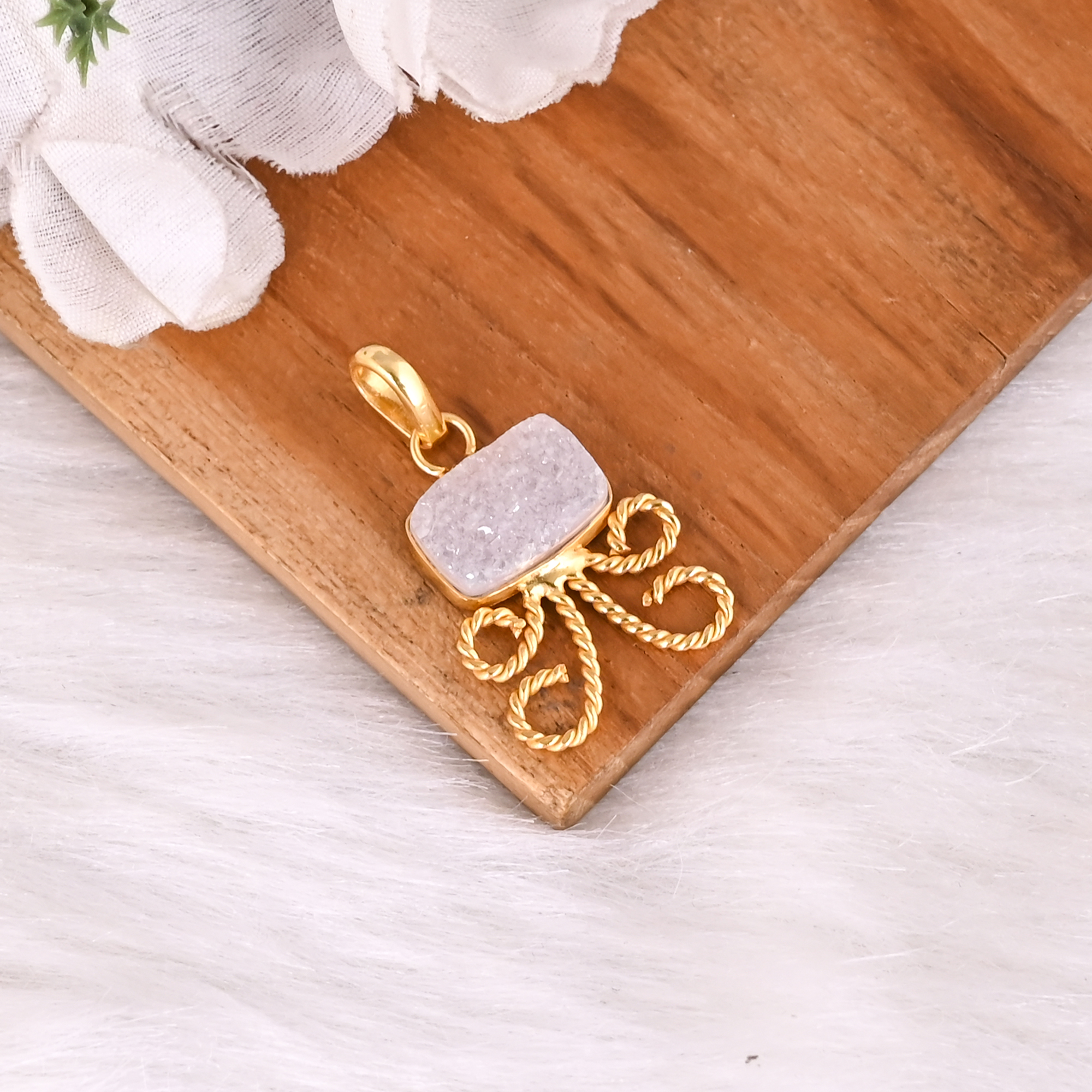Trendy White Druzy Quartz Gold Plated Brass Pendant For Women