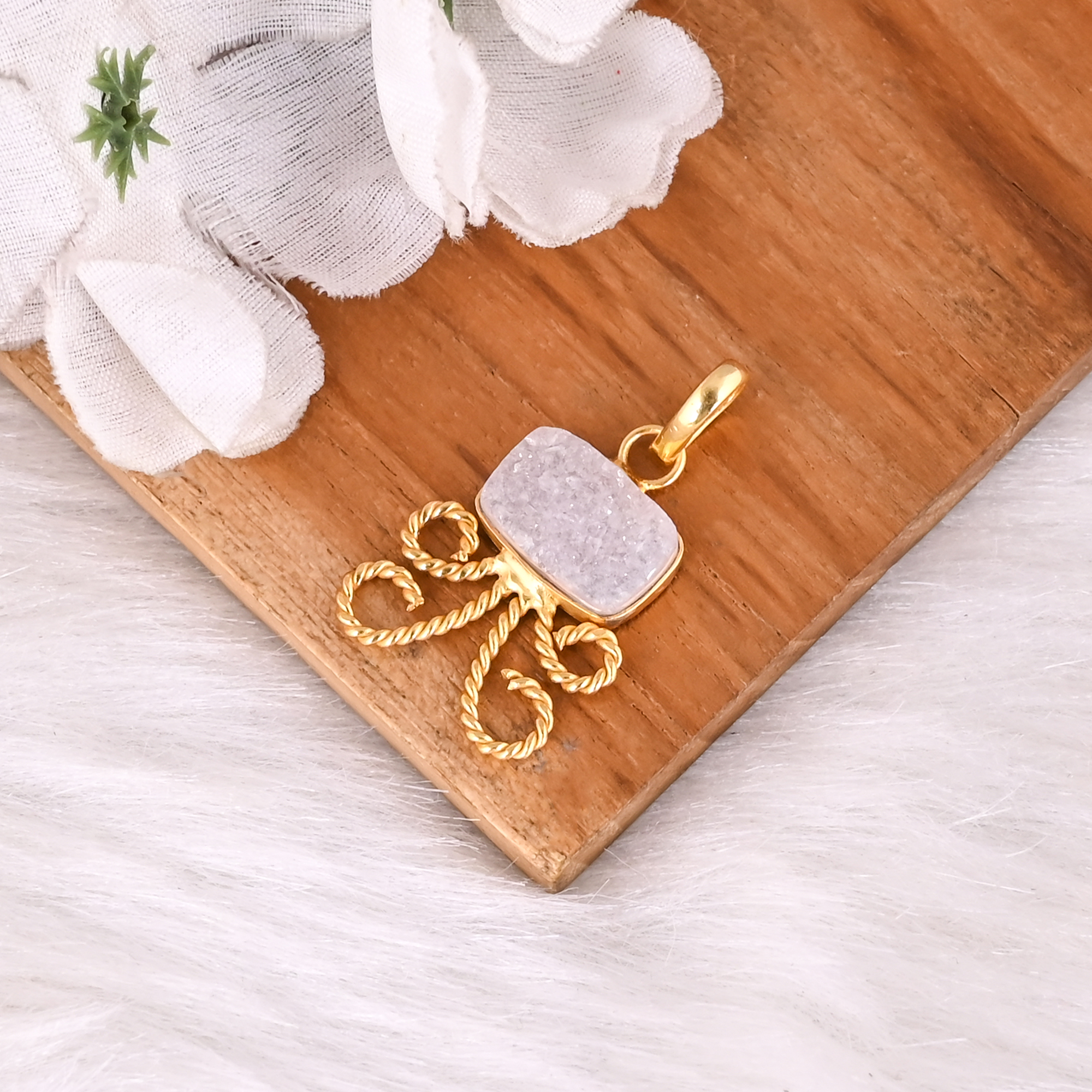 Trendy White Druzy Quartz Gold Plated Brass Pendant For Women