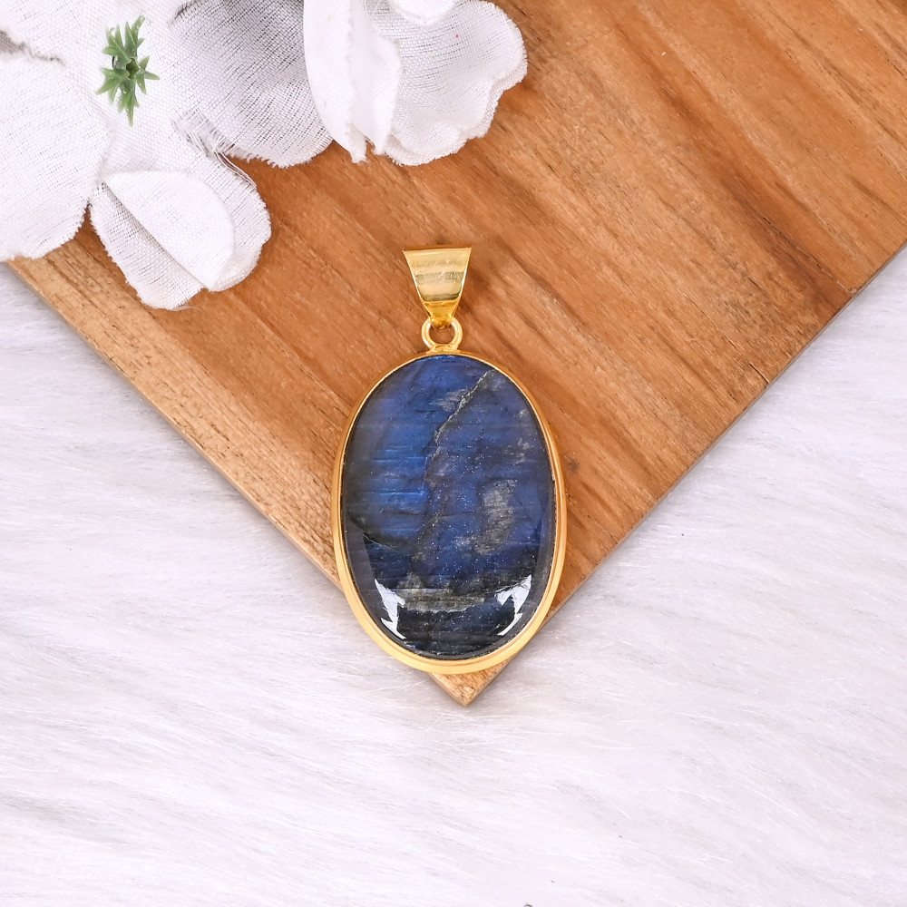 Image of Classic Natural Labradorite Handmade Brass Oval Gemnstone Pendant