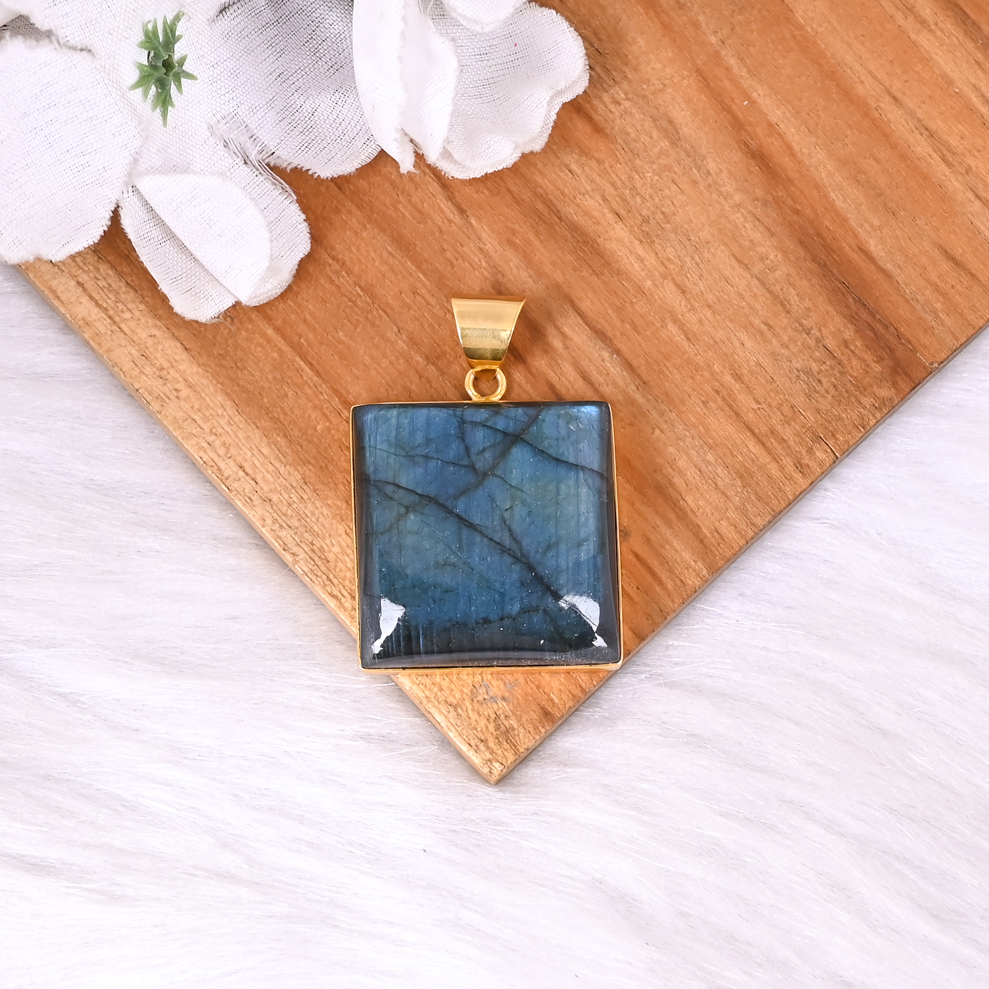 Classic Gold Plated Brass Pendant with Natural Labradorite Square Gemstone