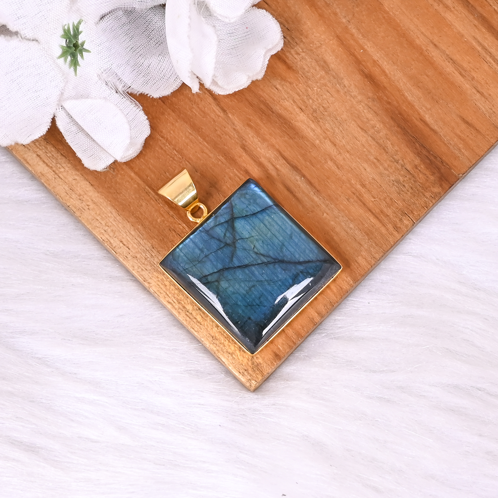Classic Gold Plated Brass Pendant with Natural Labradorite Square Gemstone
