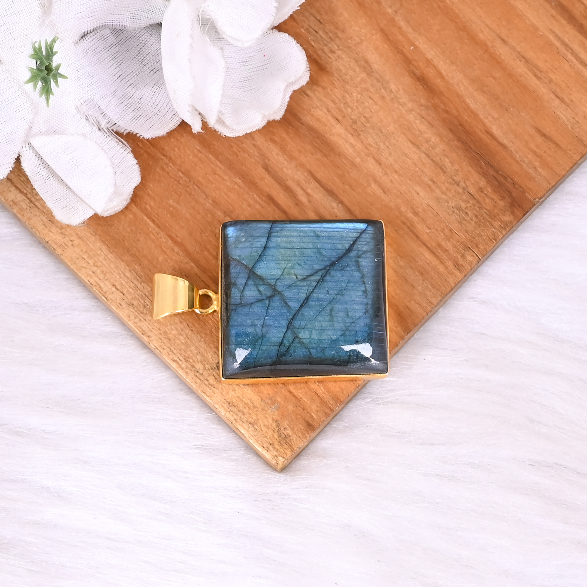 Classic Gold Plated Brass Pendant with Natural Labradorite Square Gemstone