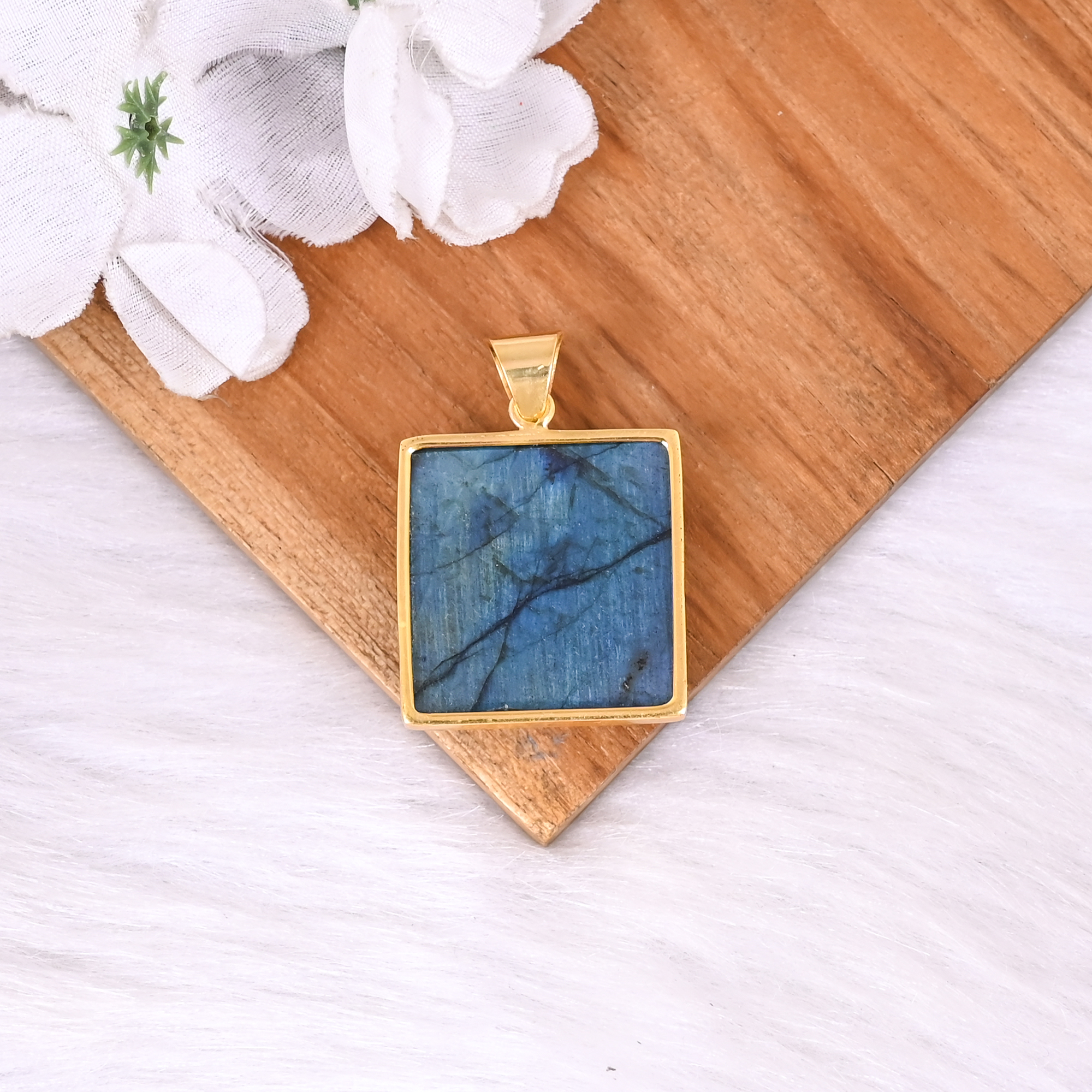 Classic Gold Plated Brass Pendant with Natural Labradorite Square Gemstone