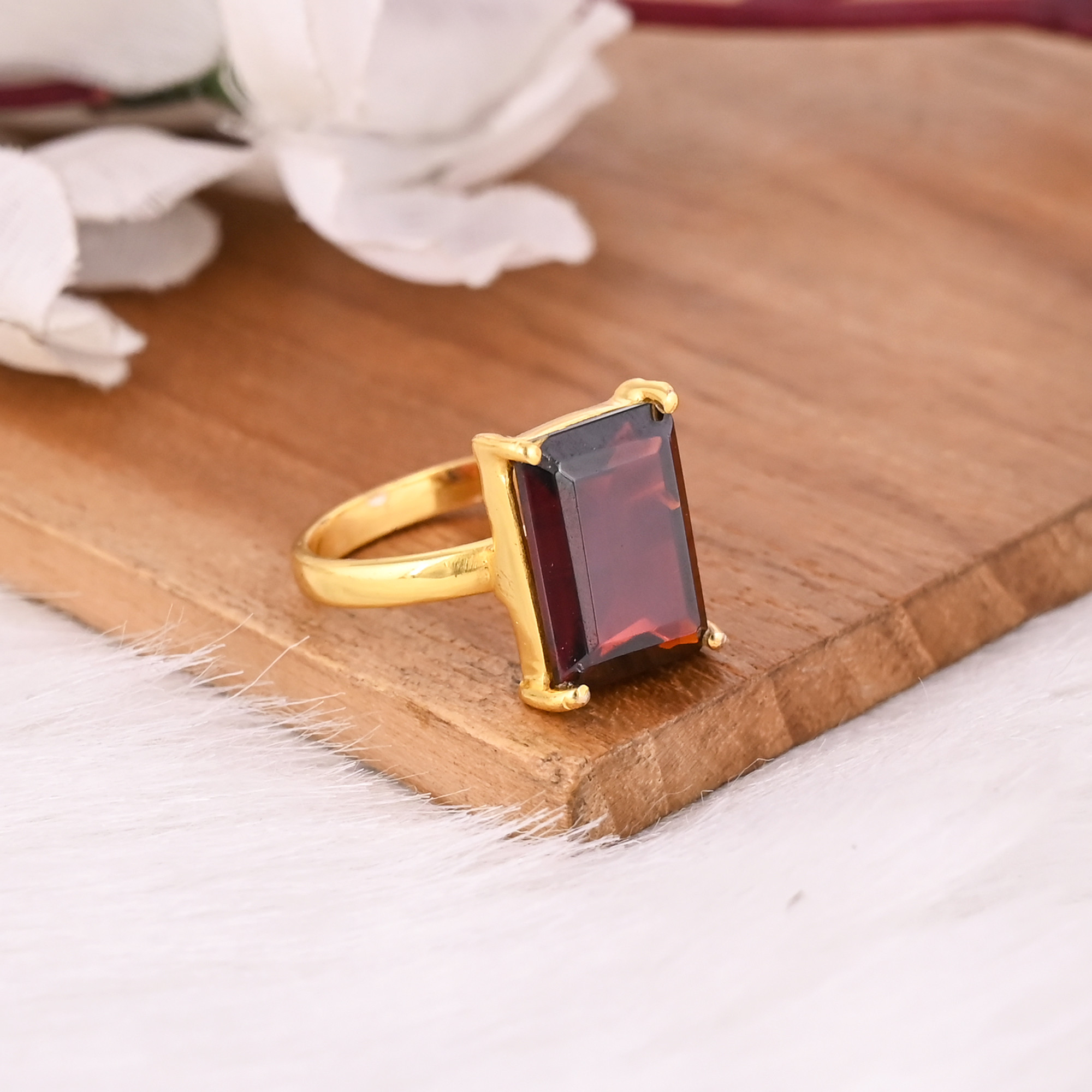Mozambique Garnet Rectangle Ring Natural Gemstone 925 Sterling Silver Gold Plated Boho Wedding Rings Trendy Bridesmaid Gift
