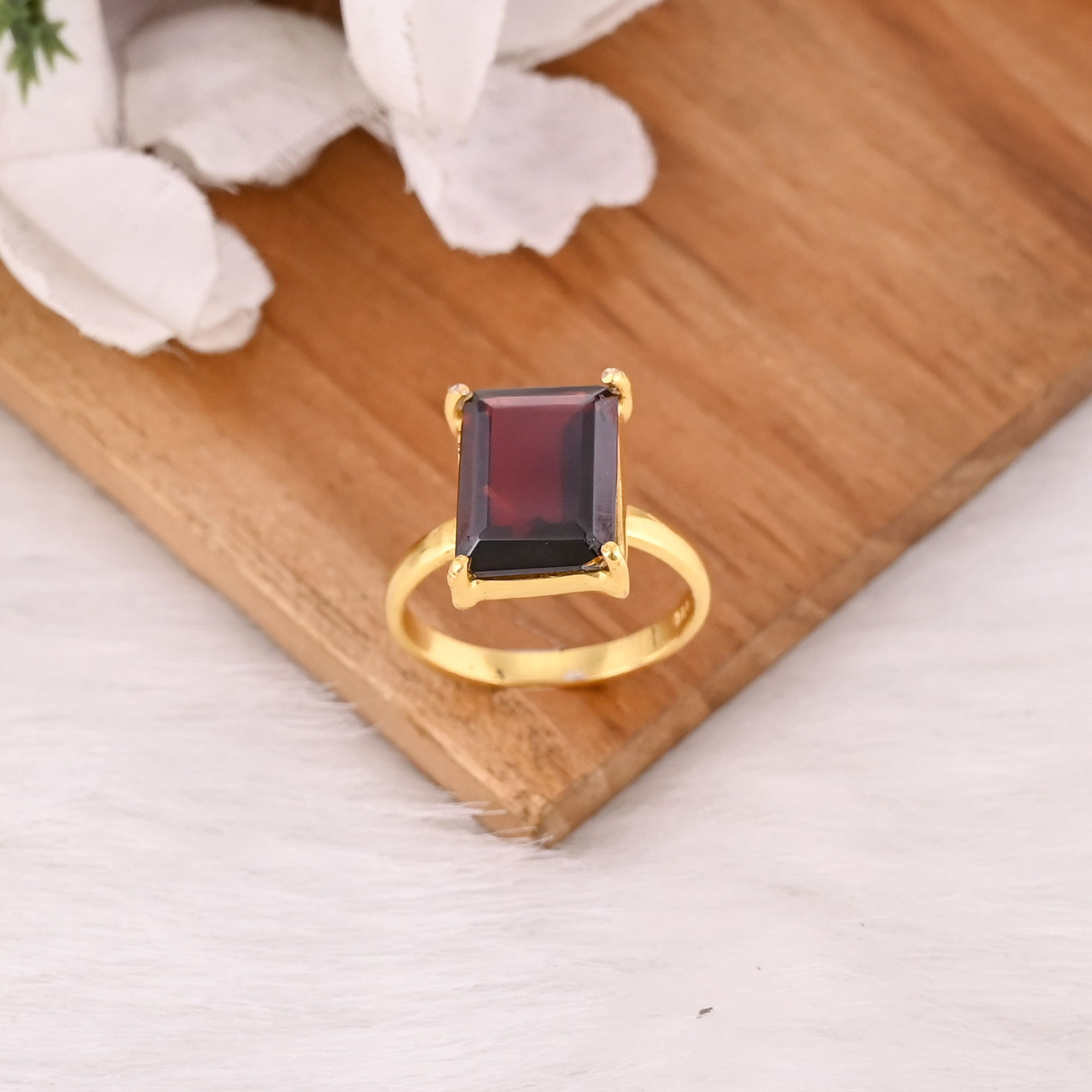 Mozambique Garnet Rectangle Ring Natural Gemstone 925 Sterling Silver Gold Plated Boho Wedding Rings Trendy Bridesmaid Gift