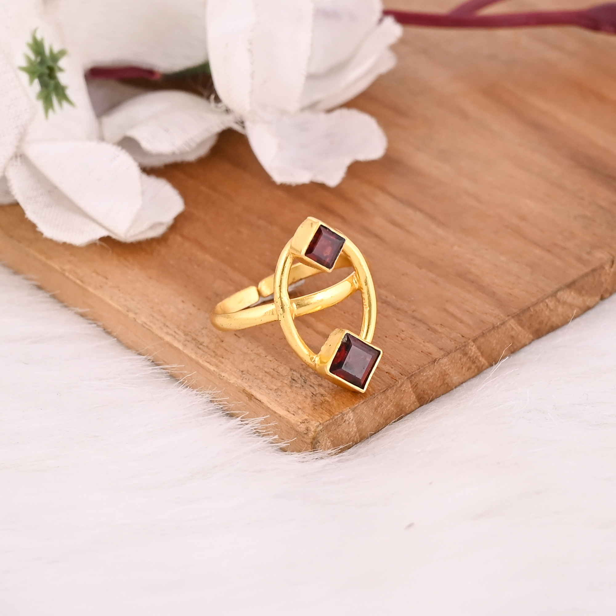 Best Selling 925 Sterling Silver Stackable Adjustable Ring Mozambique Garnet Gemstone Gold Plated Jewelry Wholesale Finger Use