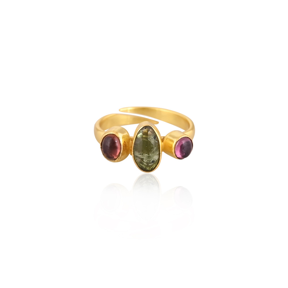 Image of Natural Tourmaline Gemstone Gold Plated Ring 925 Sterling Silver Adjustable Ring Classic Fashionable Ring For Wedding