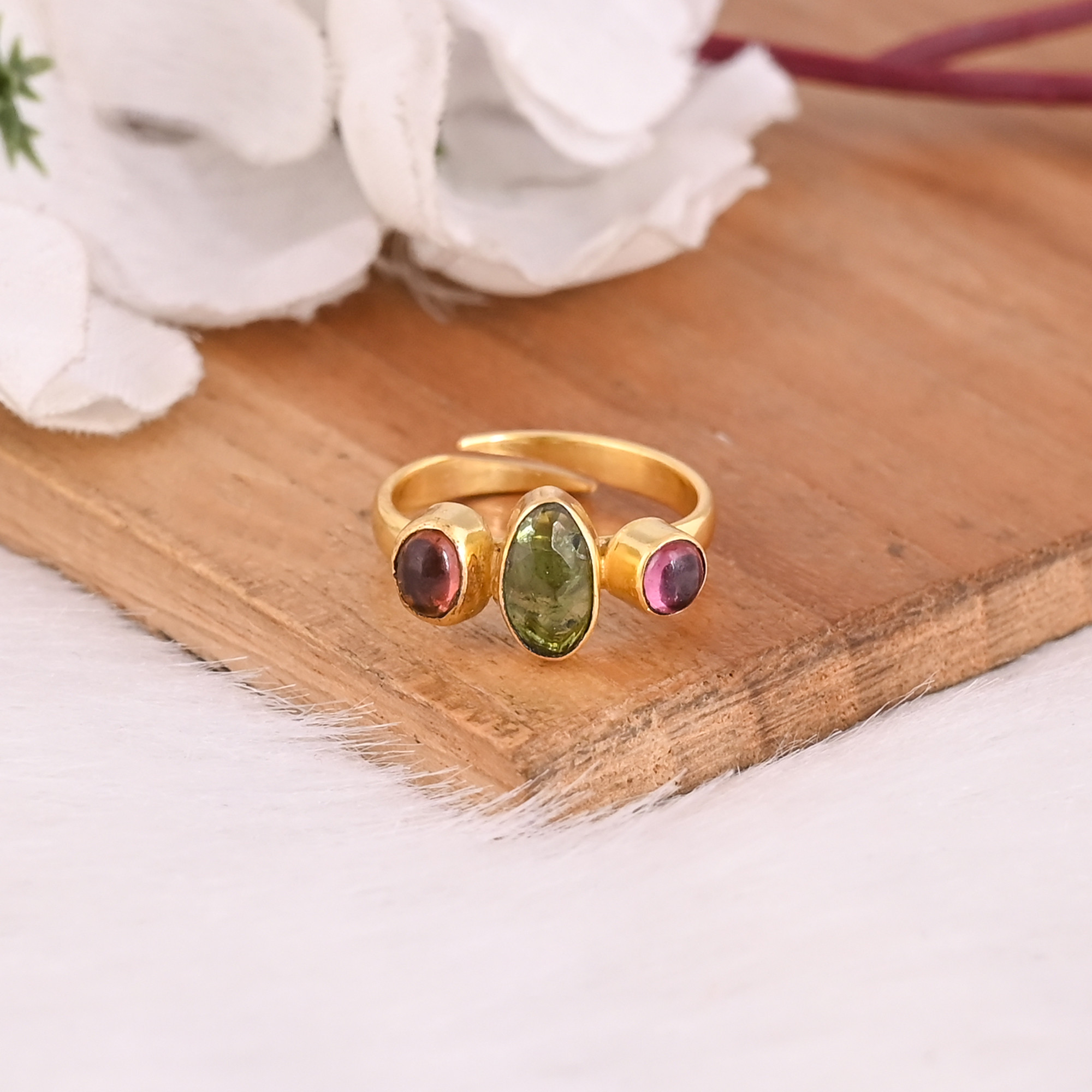 Natural Tourmaline Gemstone Gold Plated Ring 925 Sterling Silver Adjustable Ring Classic Fashionable Ring For Wedding